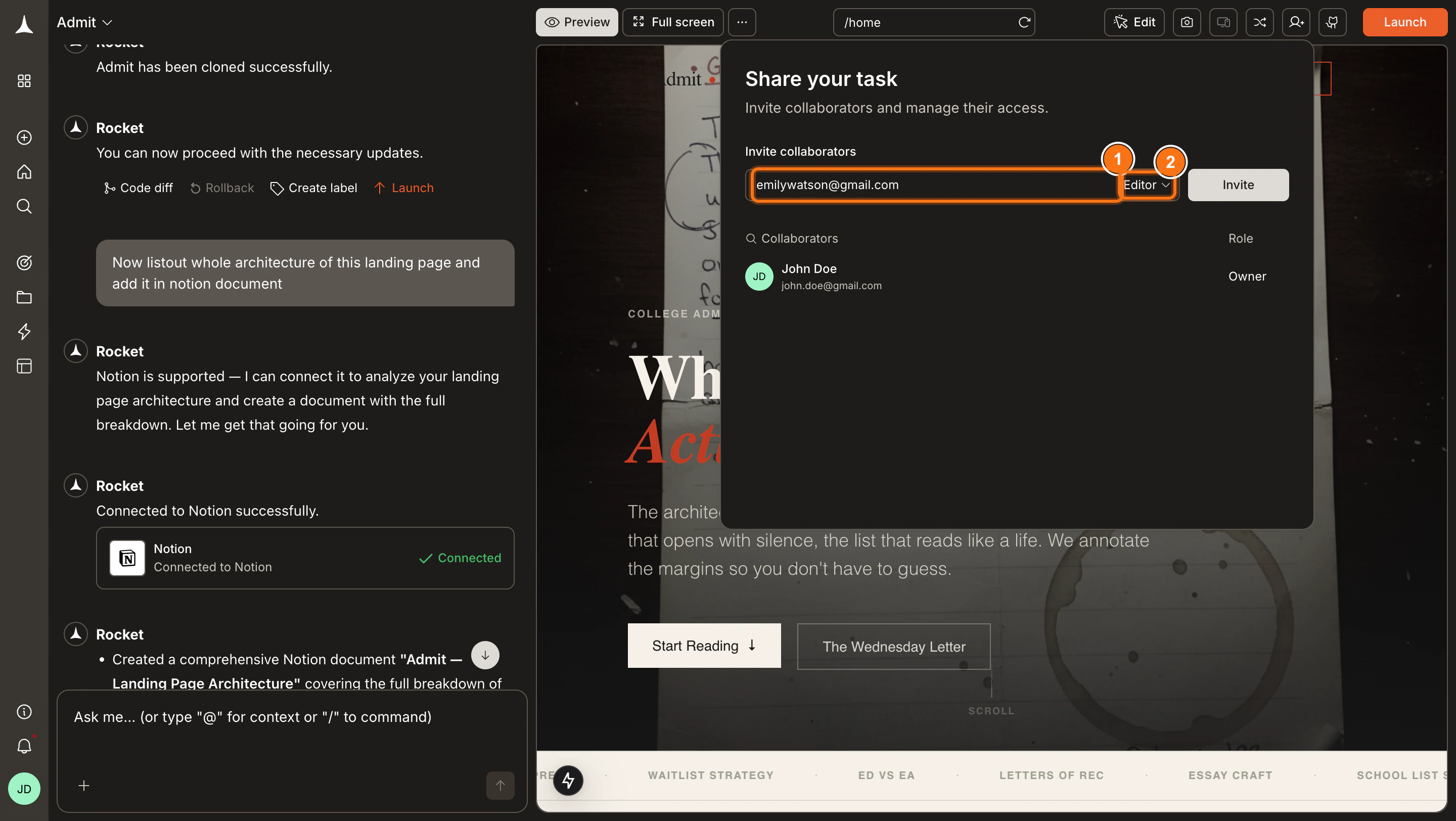 Share your task panel with email input and role dropdown.