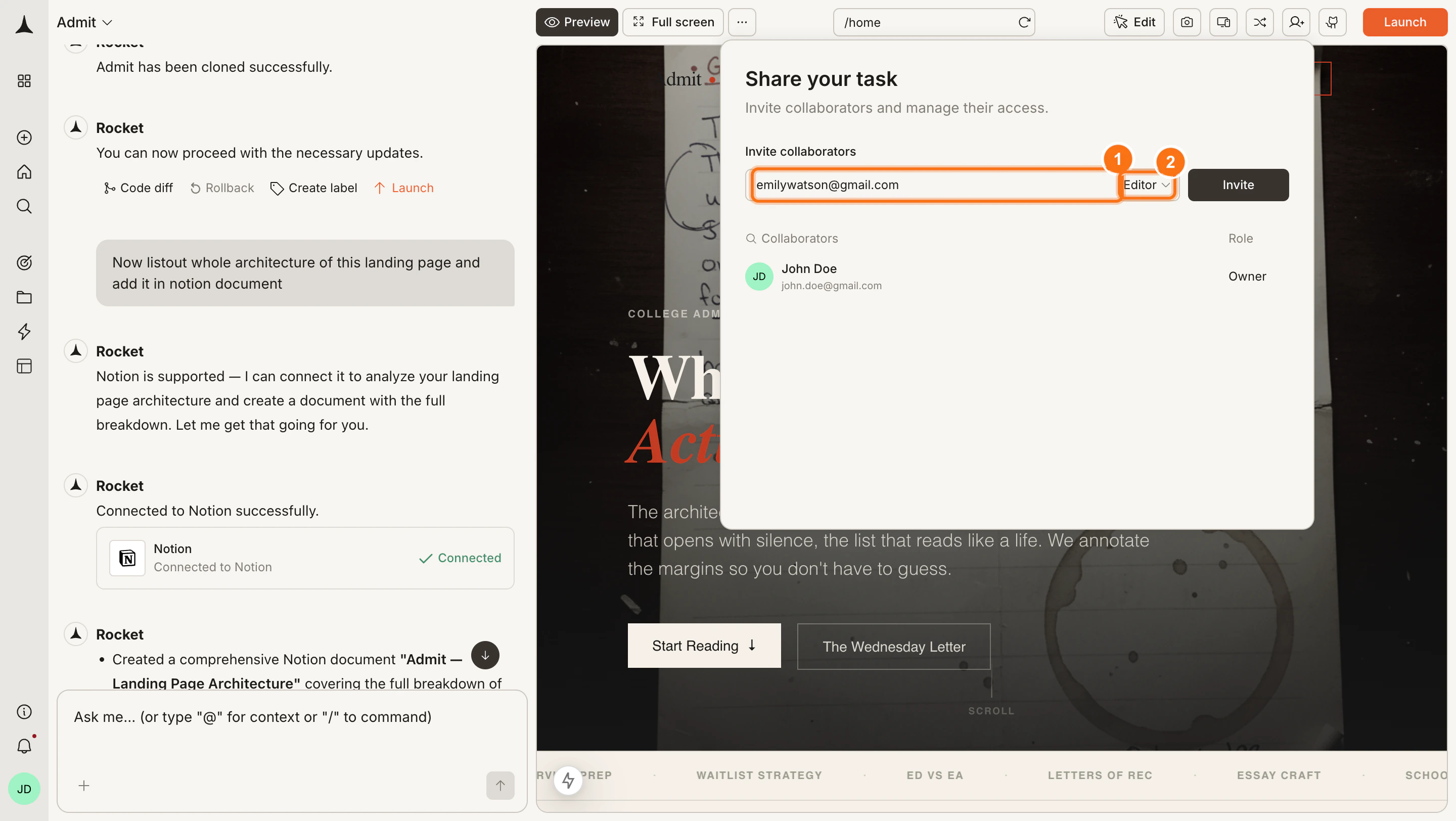 Share your task panel with email input and role dropdown.