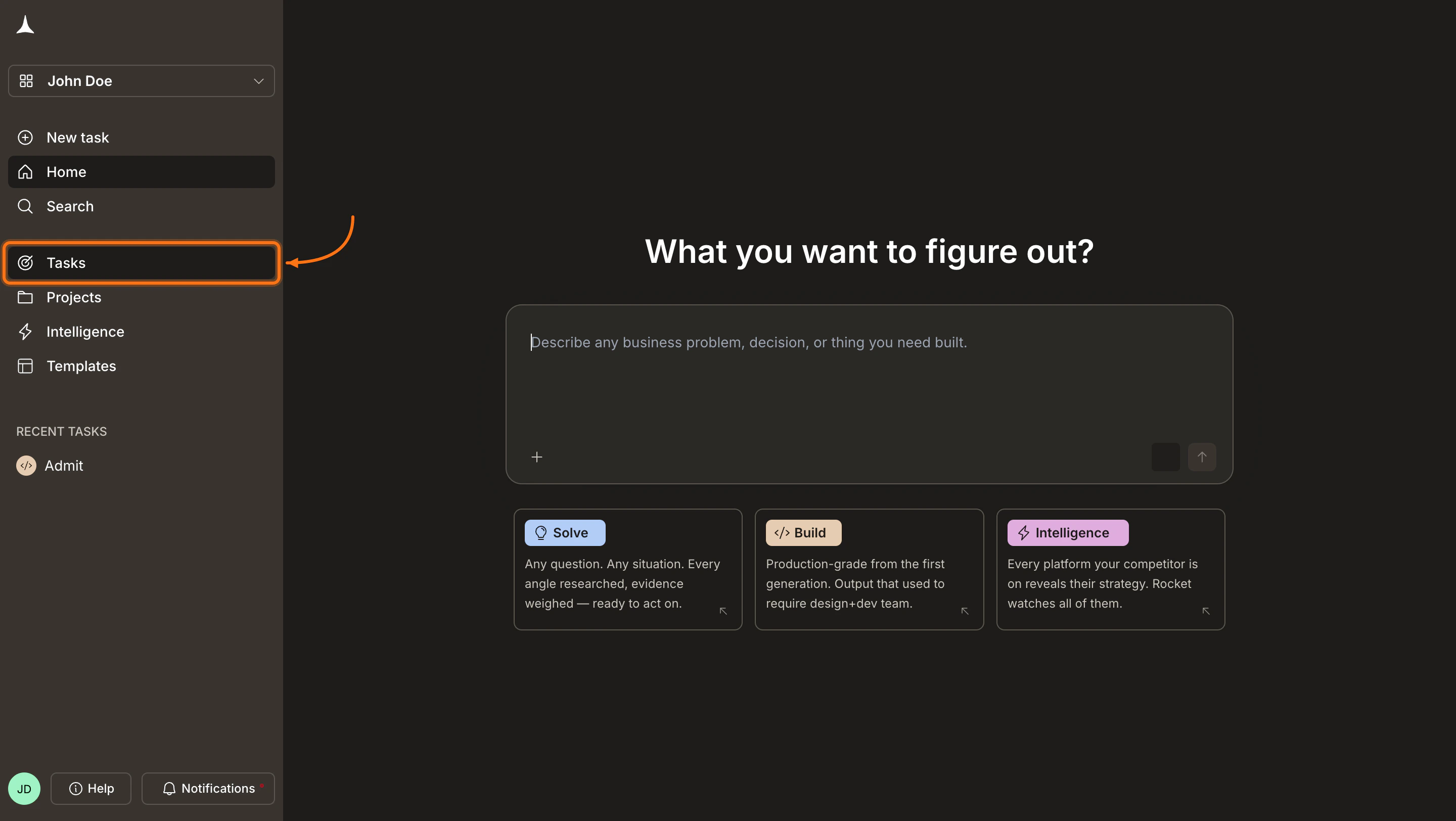Rocket sidebar with Tasks highlighted.