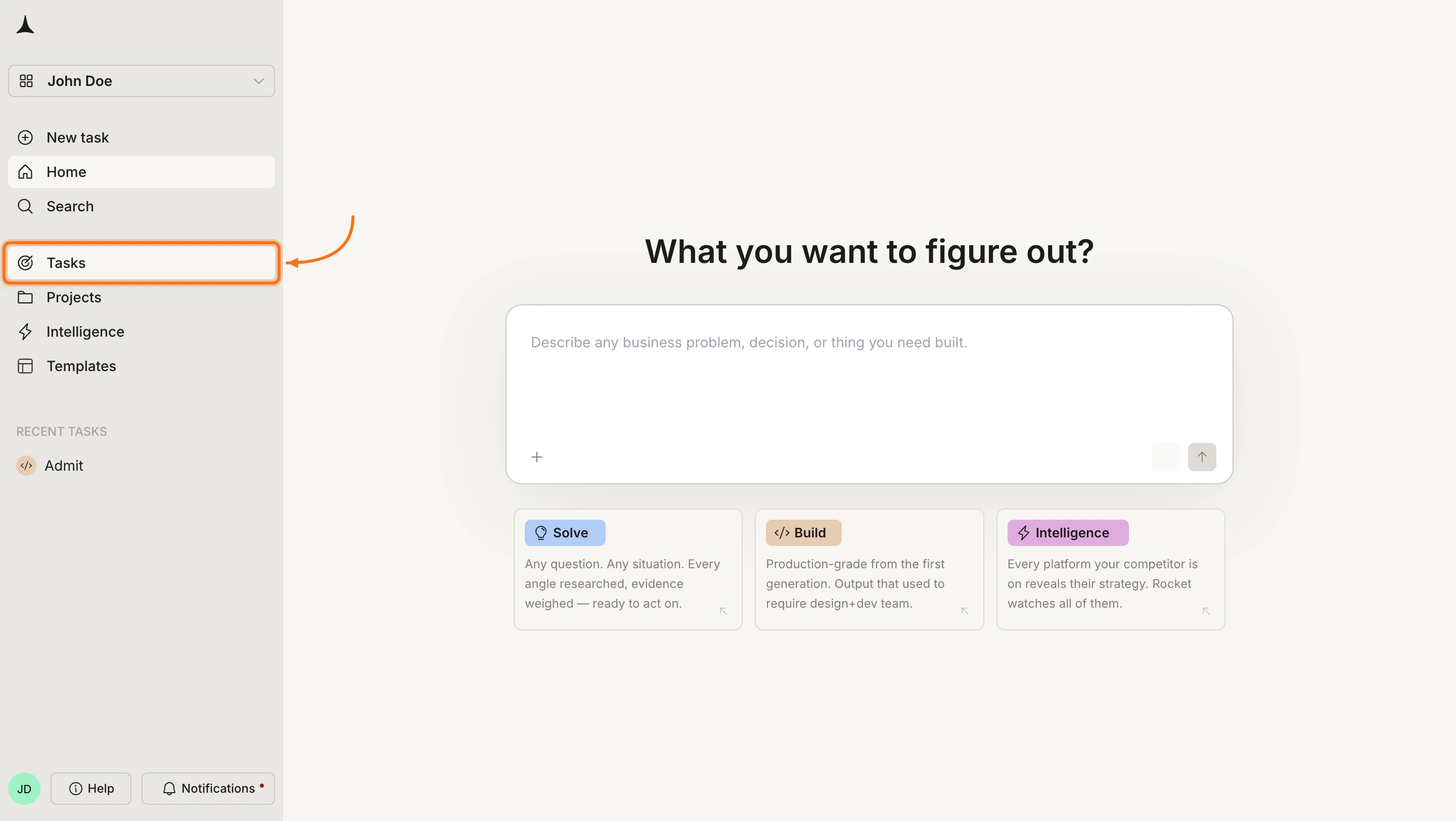 Rocket sidebar with Tasks highlighted.