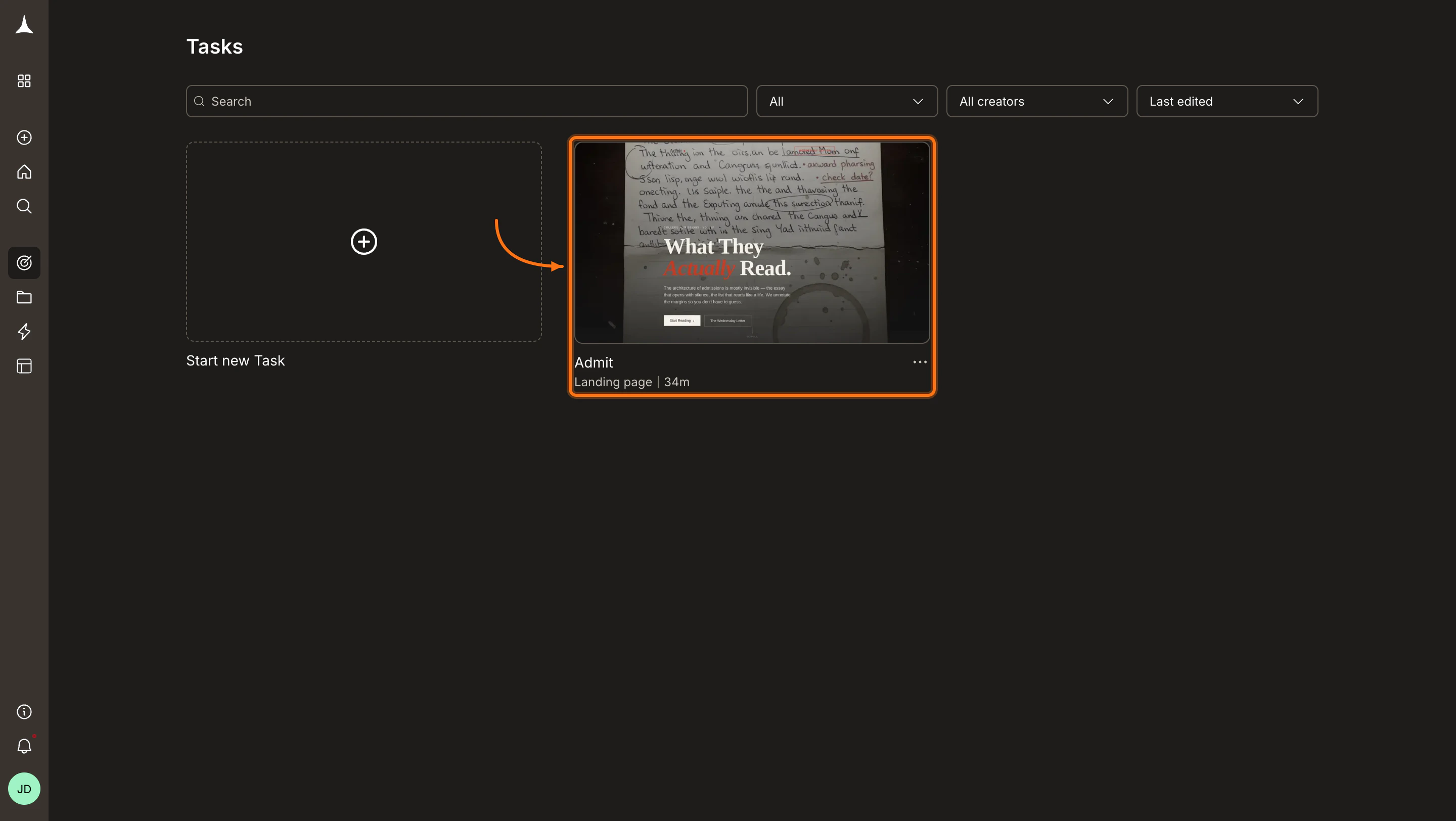 Tasks list with a task card highlighted.