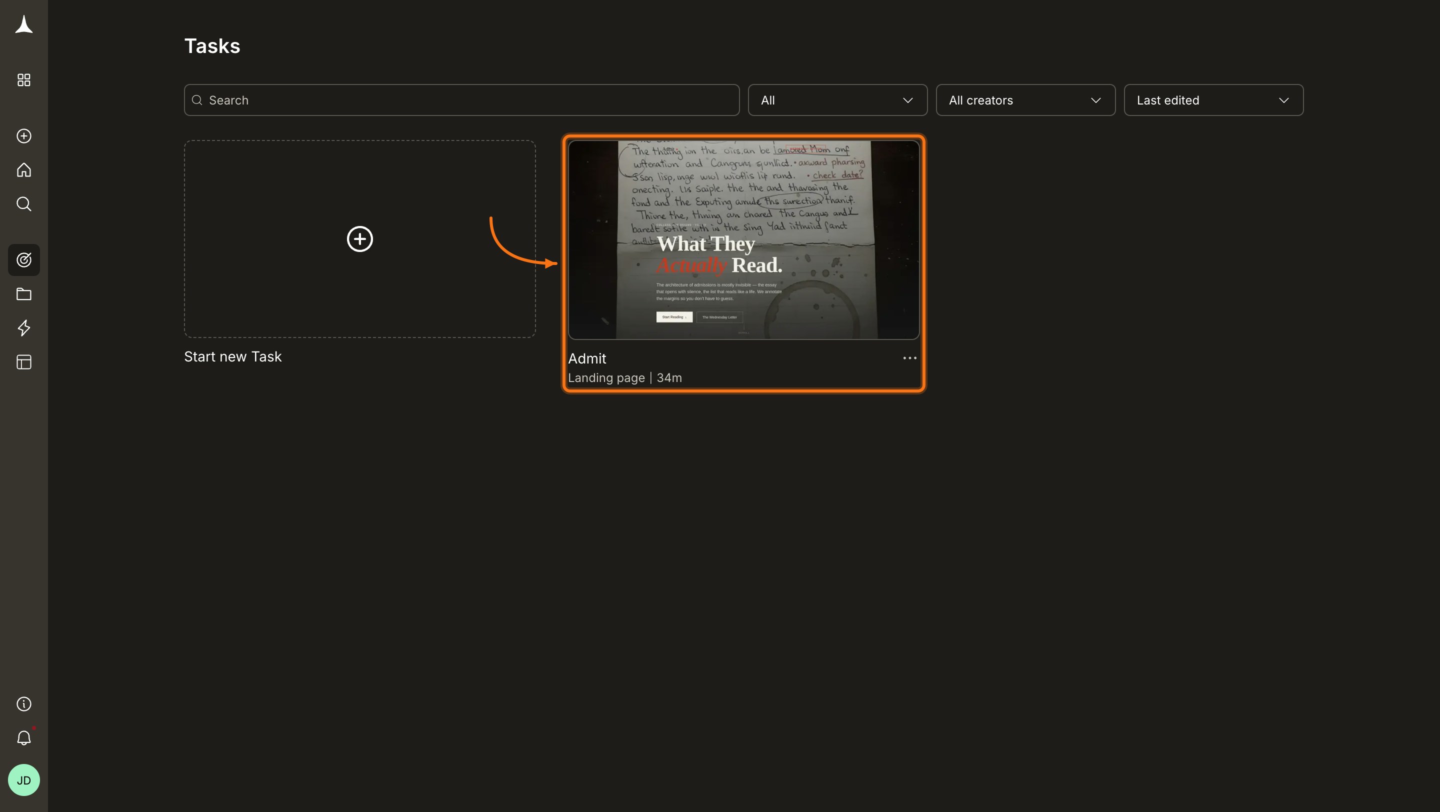 Tasks list with a task card highlighted.