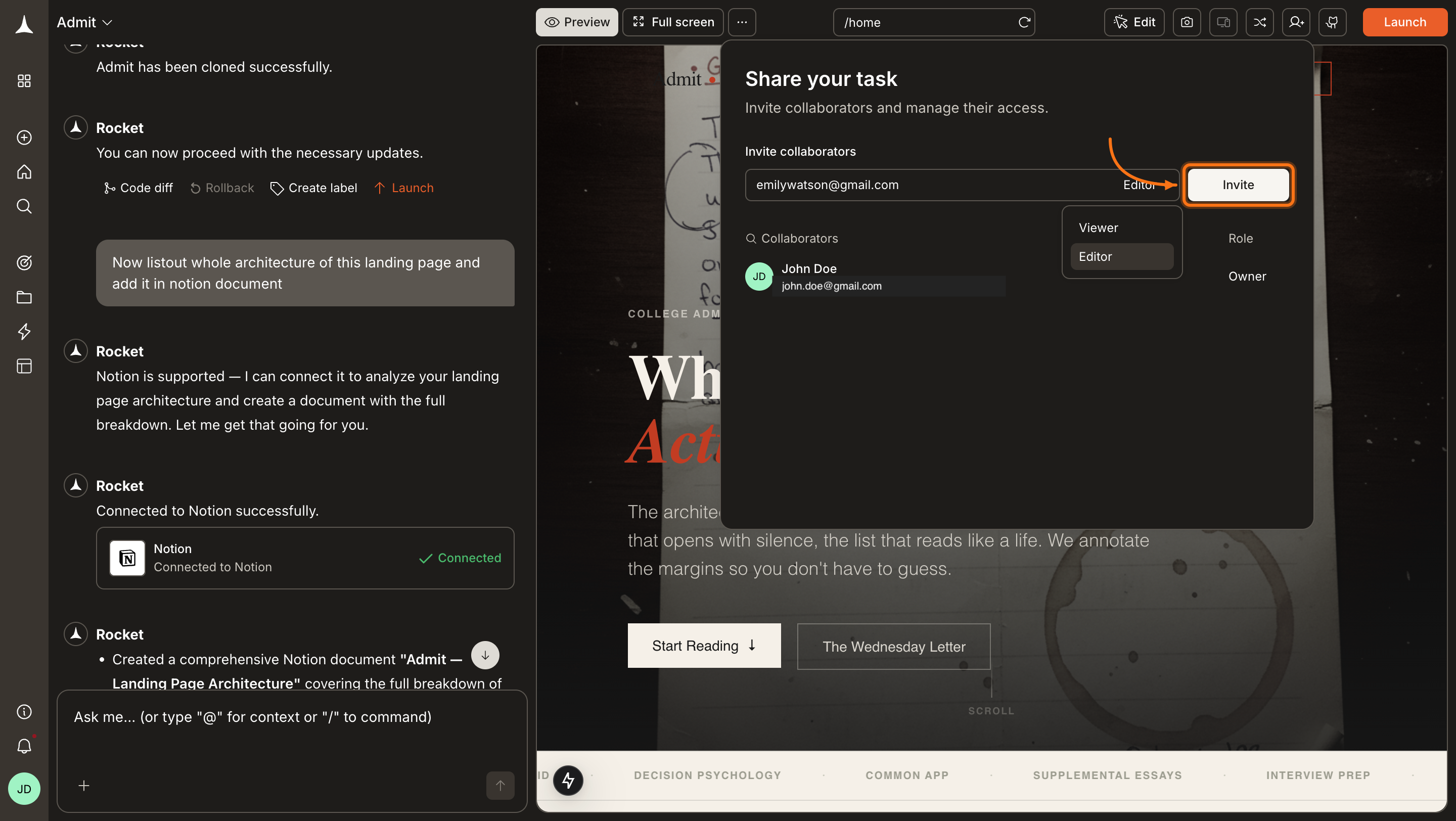 Share your task panel with role dropdown open and Invite button highlighted.