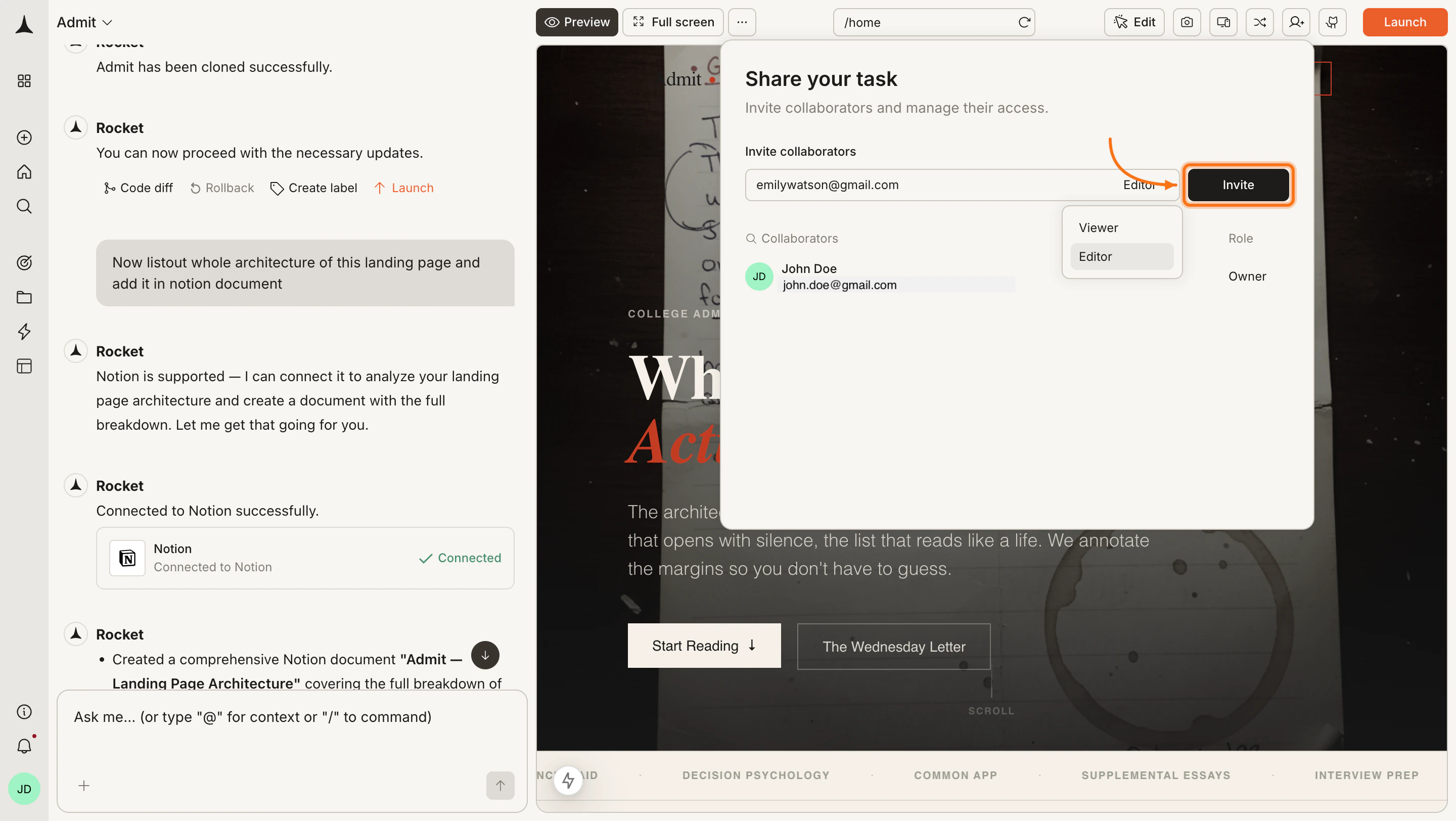 Share your task panel with role dropdown open and Invite button highlighted.