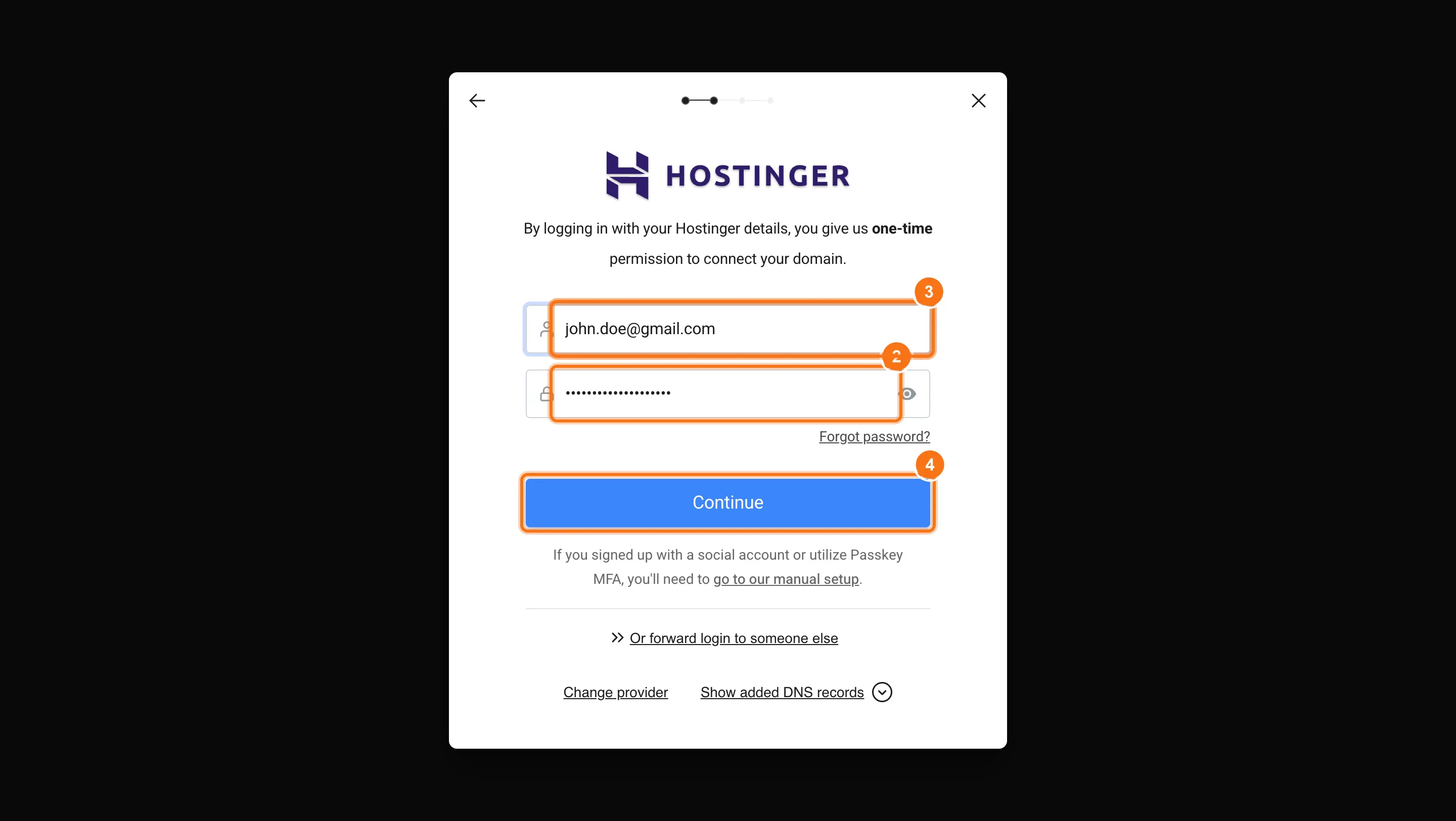 Provider login screen asking for credentials to grant one-time DNS configuration permission.