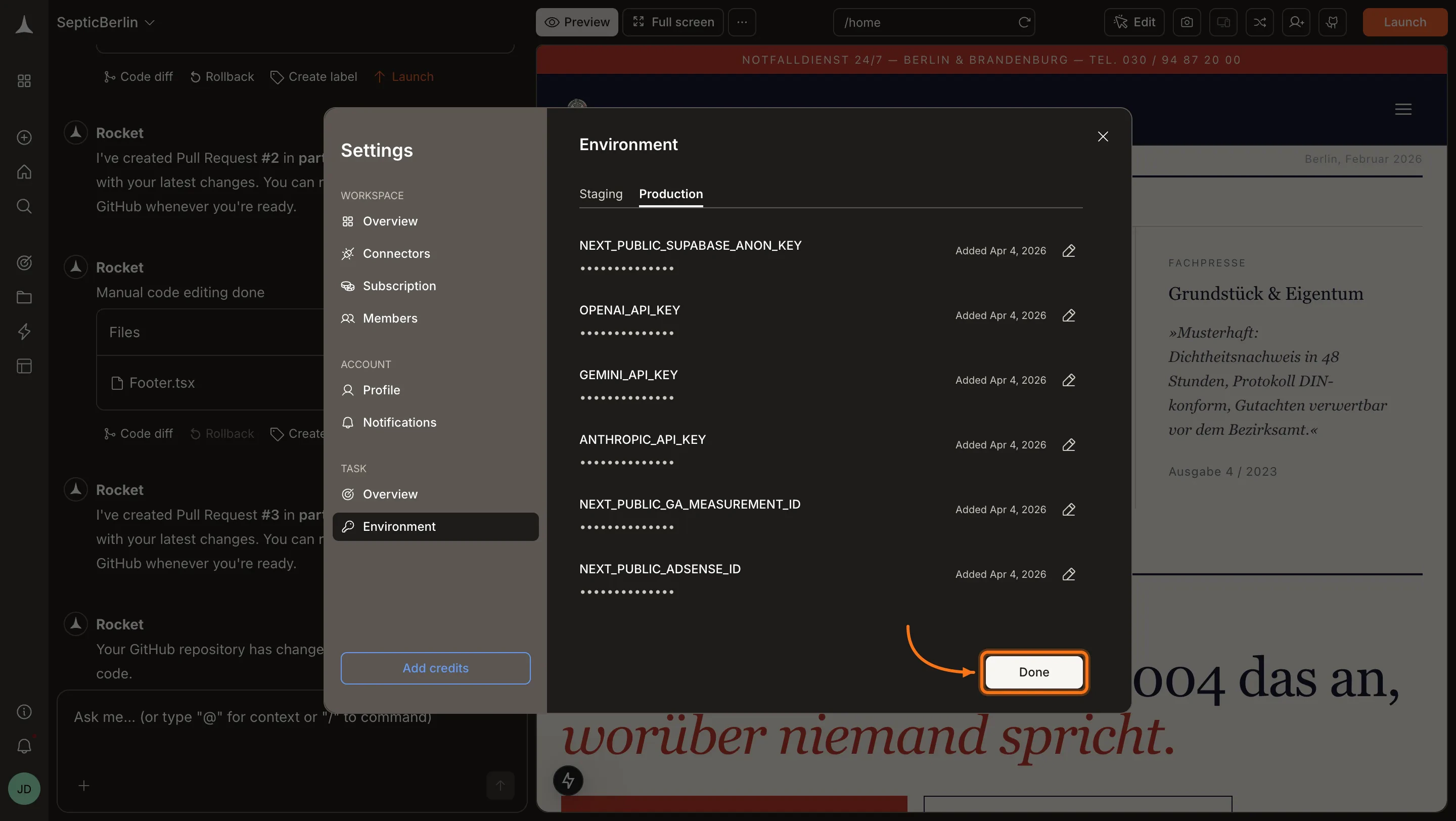 Production environment settings with variables added and the Done button highlighted.