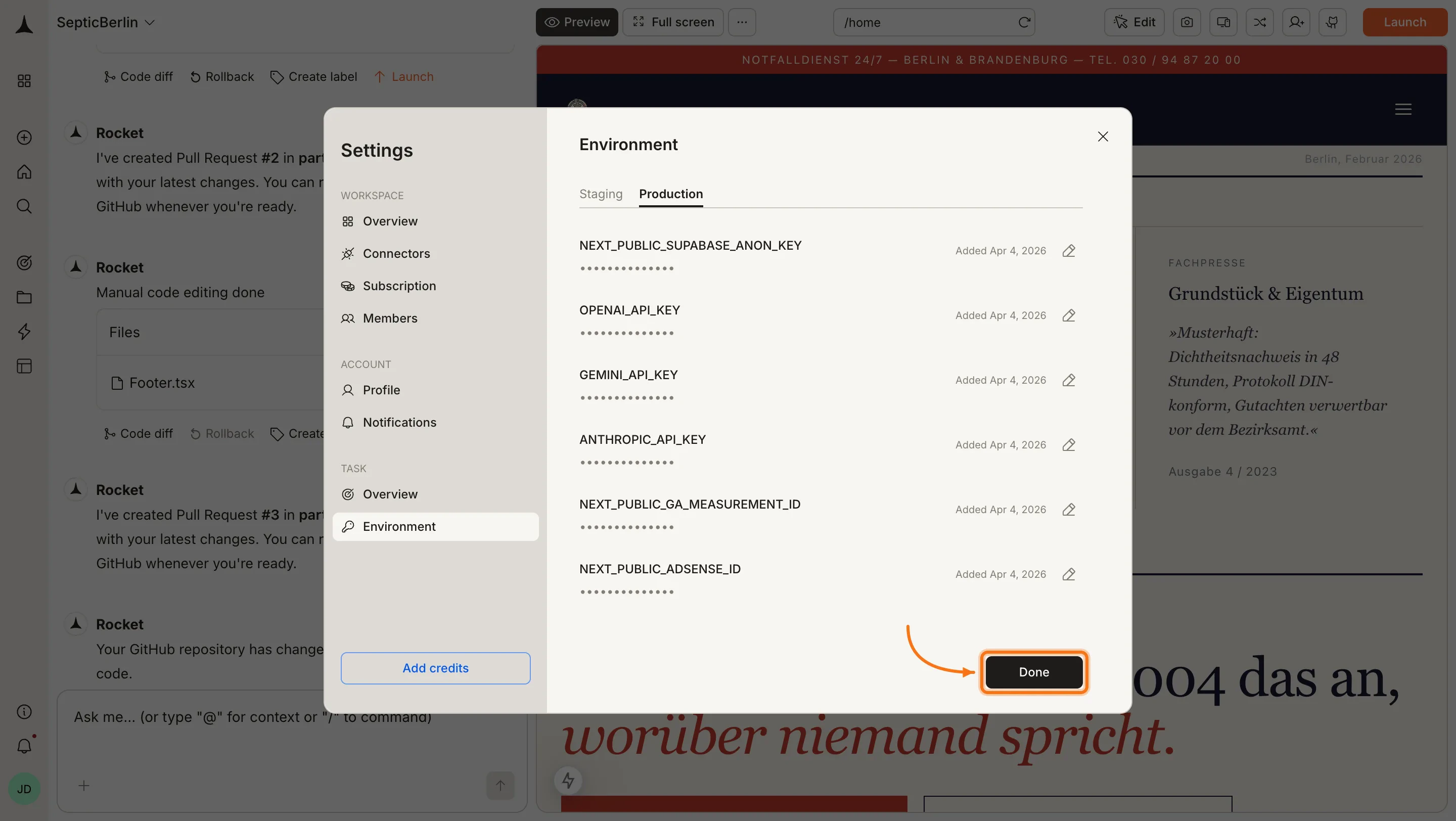 Production environment settings with variables added and the Done button highlighted.