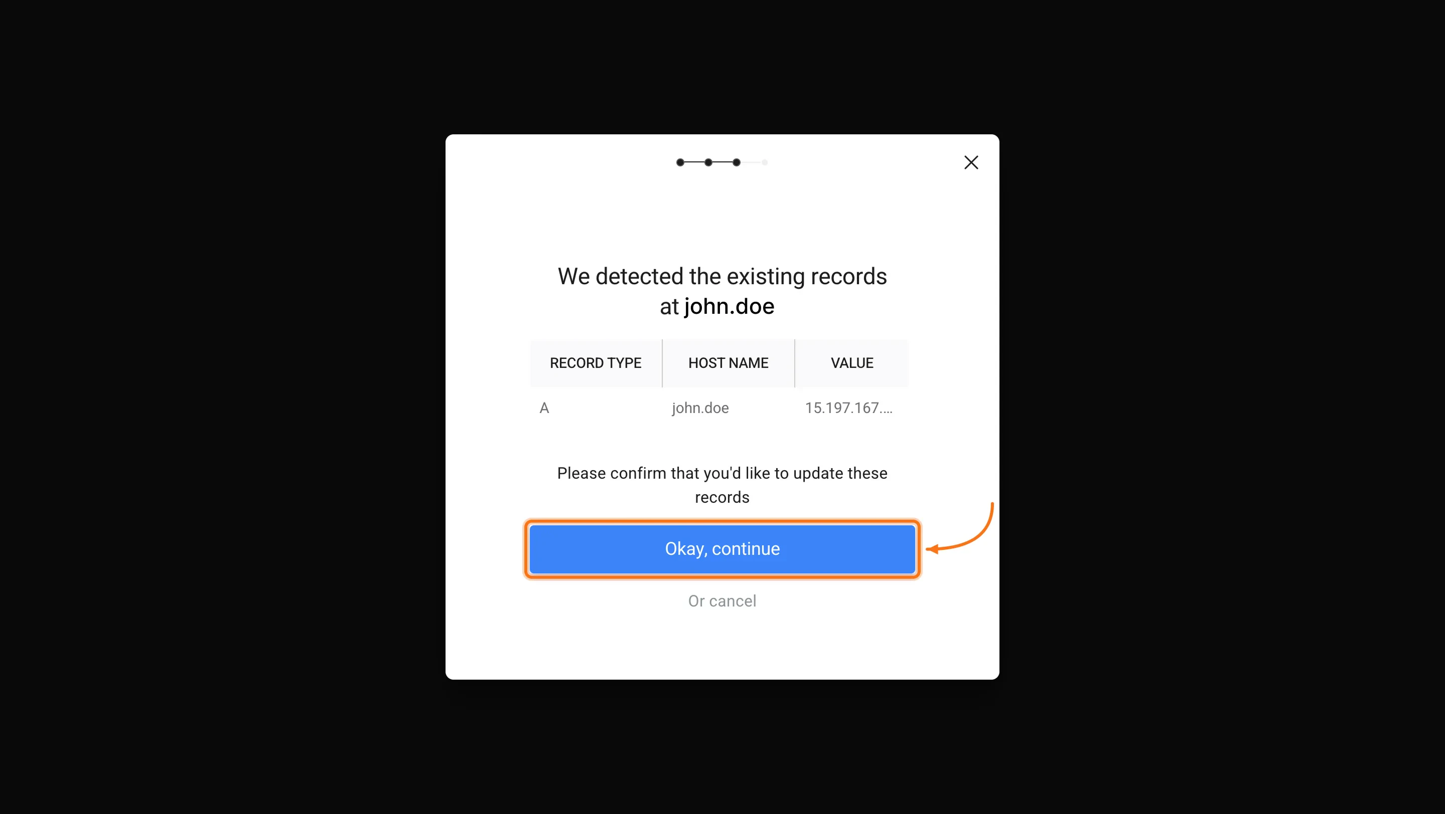 Provider confirmation screen showing existing and new DNS records with Okay, continue button.
