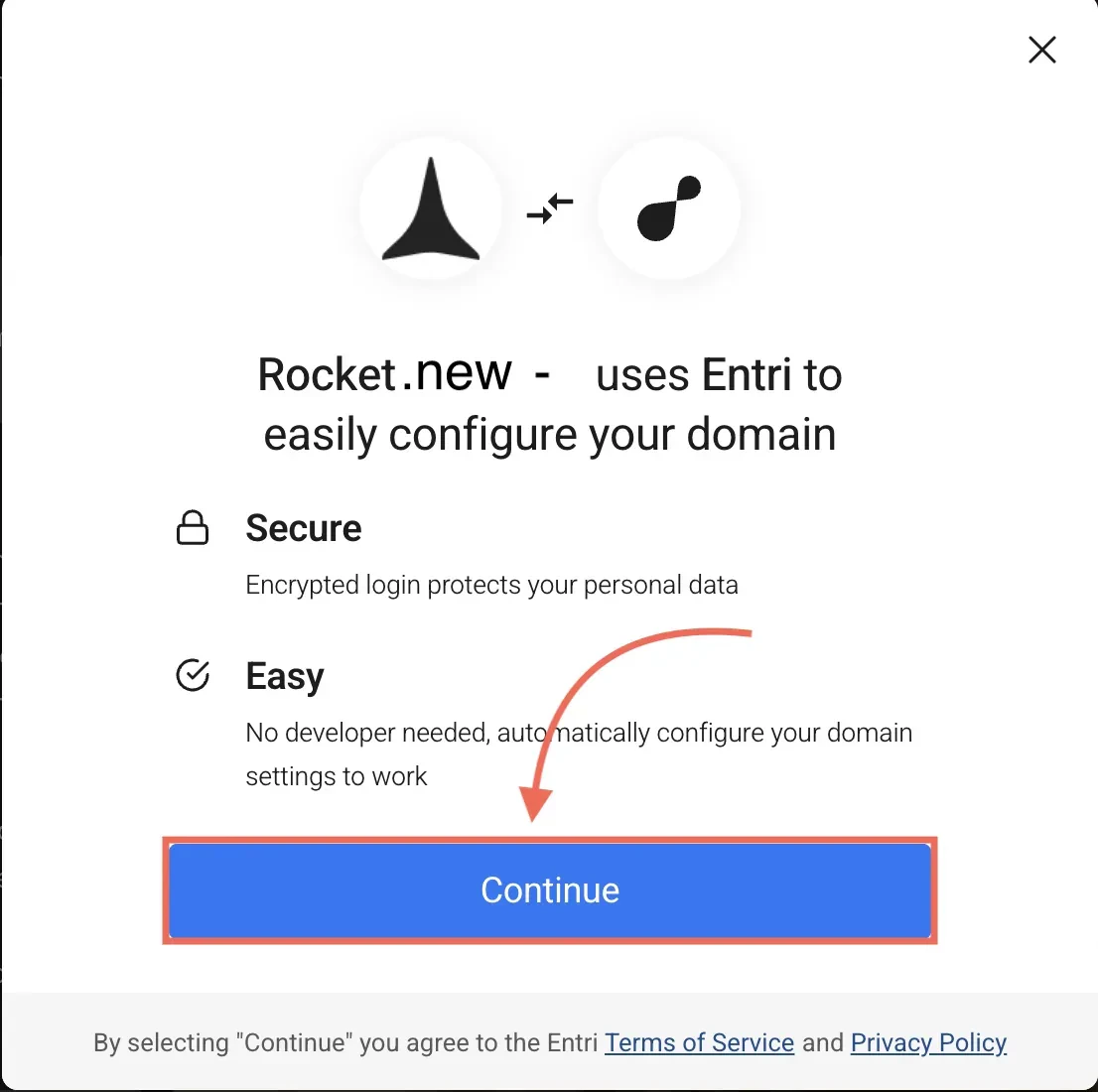 Automatic domain configuration popup with Continue button highlighted.