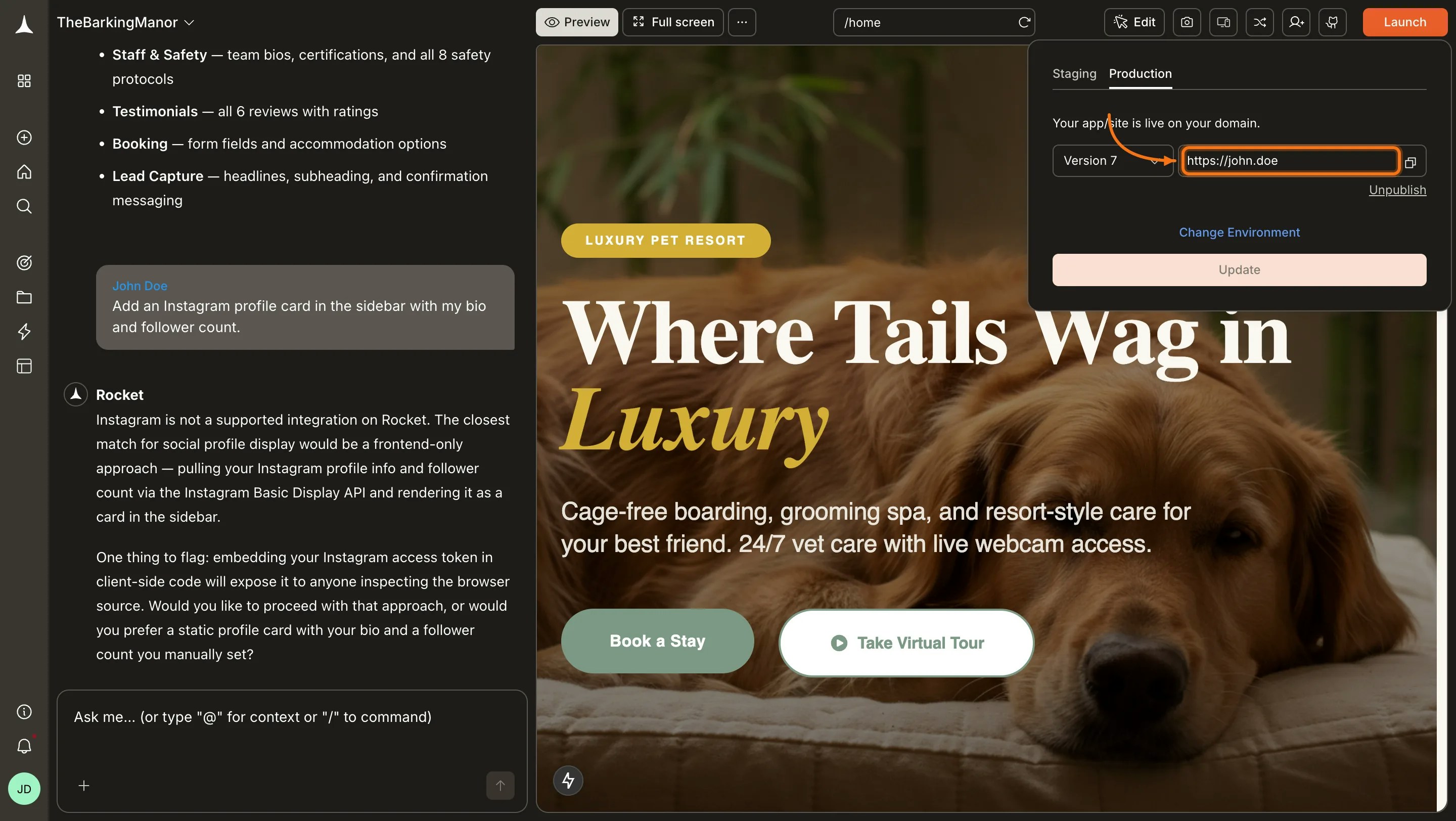 Launch panel showing the custom domain is live and the URL is active.