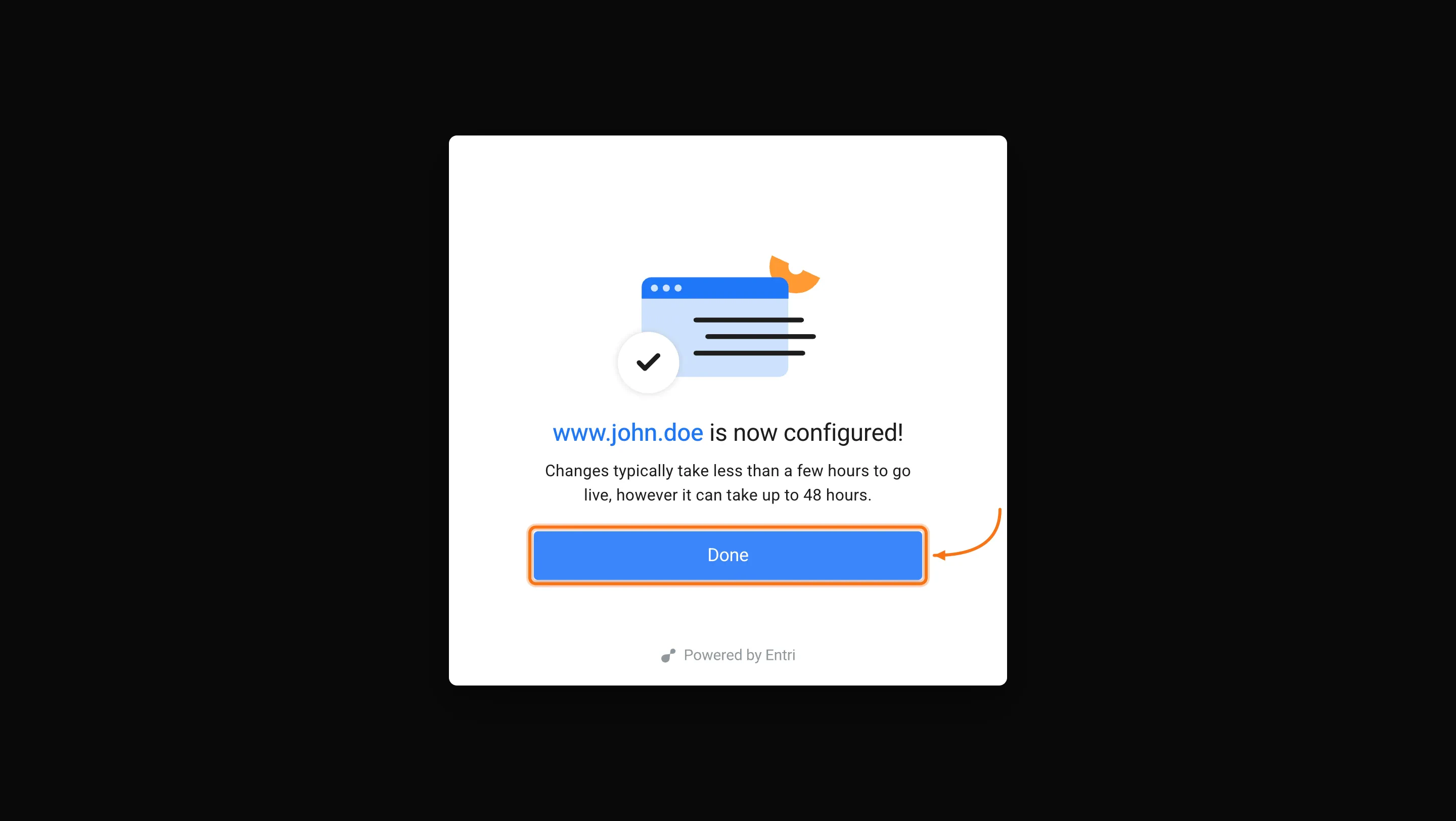 Success screen showing your domain is now configured with Done button.