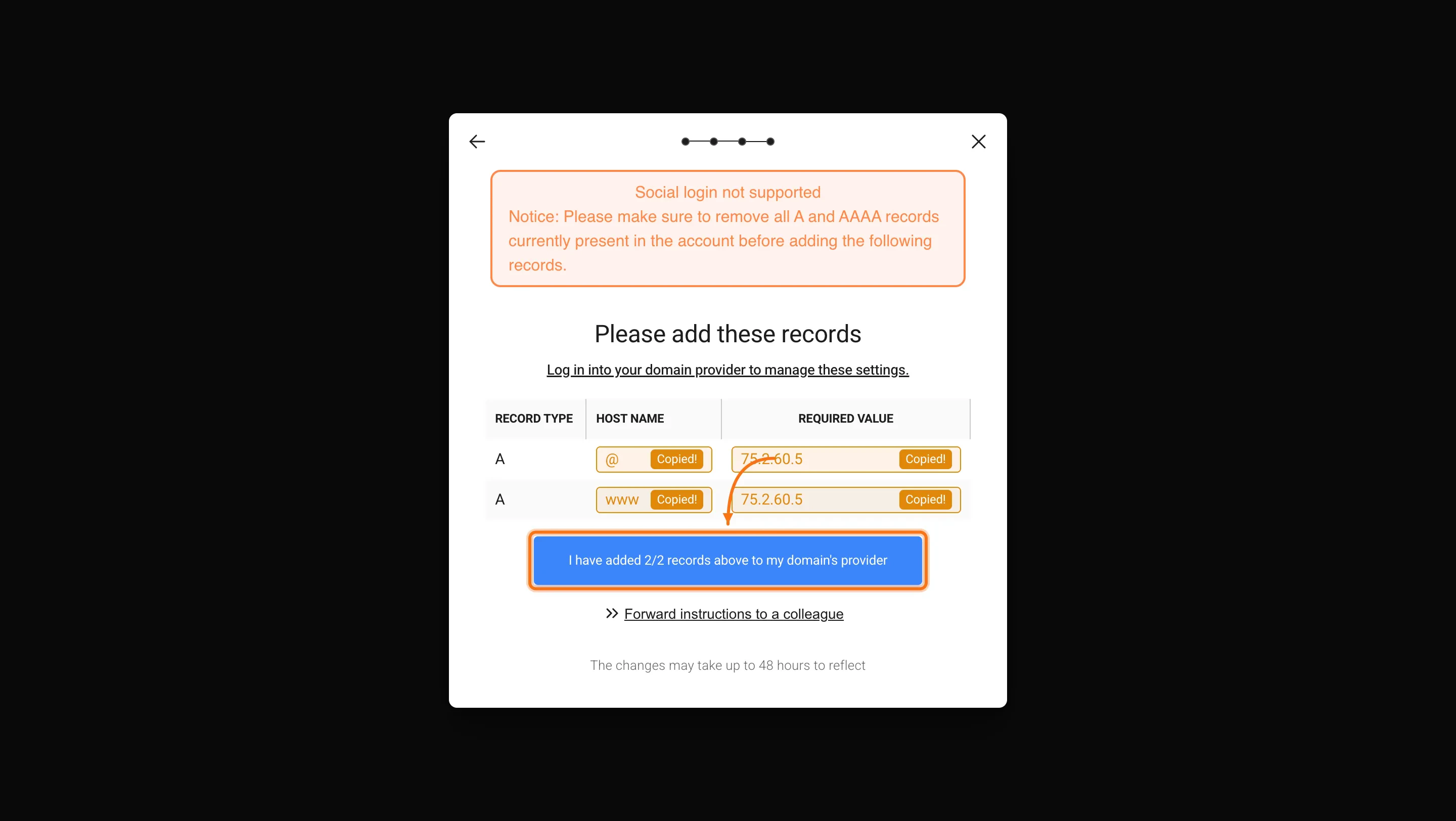 Rocket manual DNS configuration screen showing record type, host name, and required values to copy.