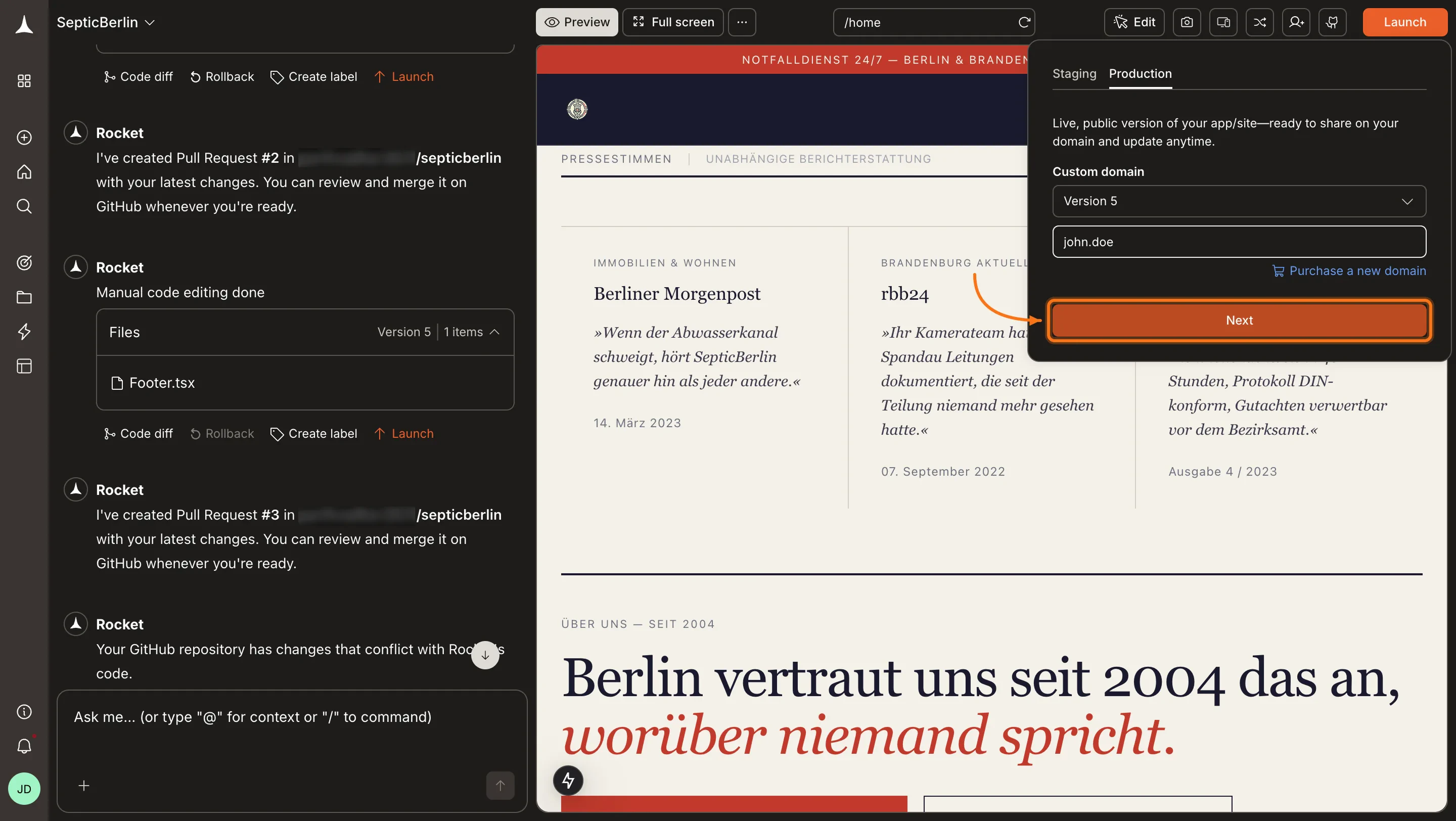 Launch panel with a version selected and a domain name entered, ready to click Next.