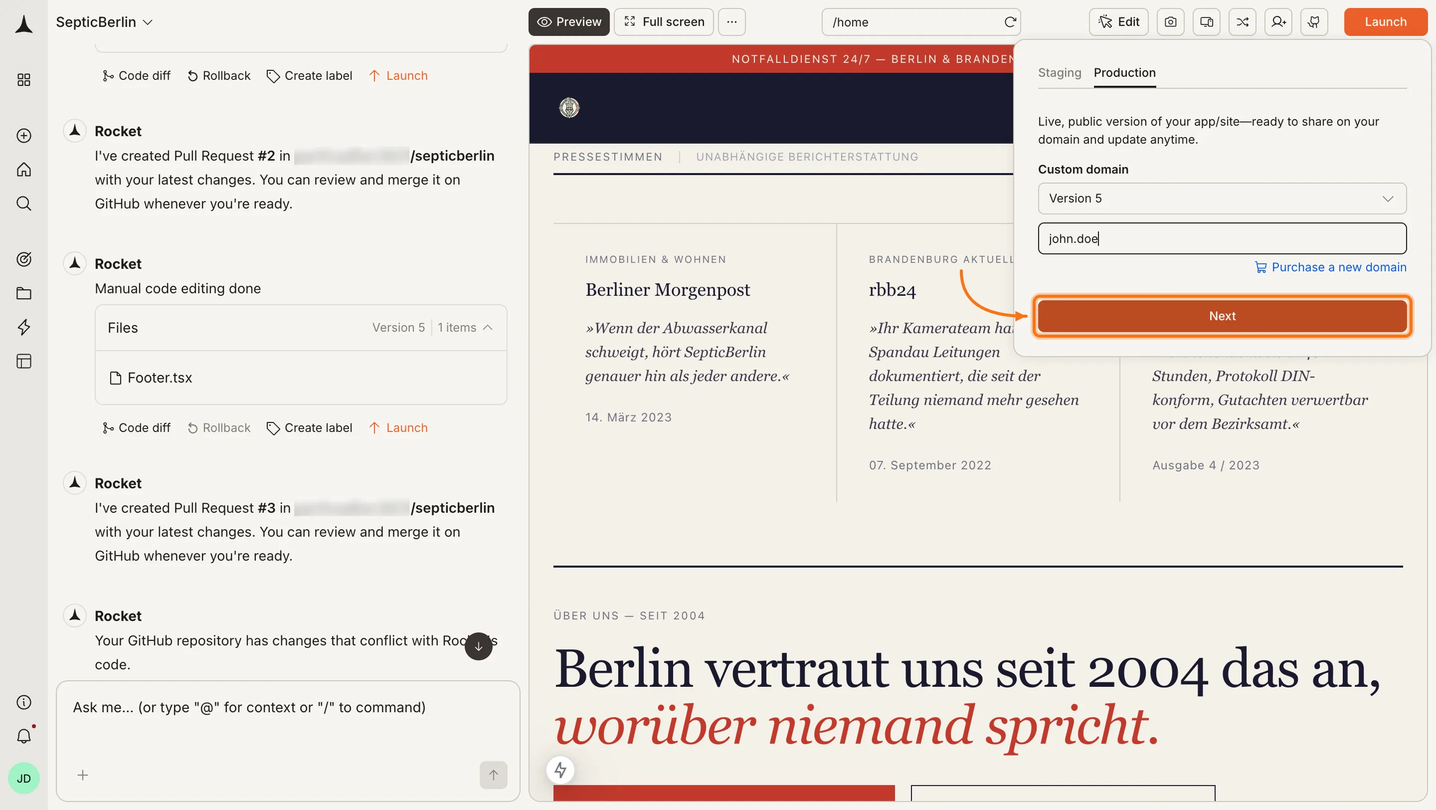 Launch panel with a version selected and a domain name entered, ready to click Next.