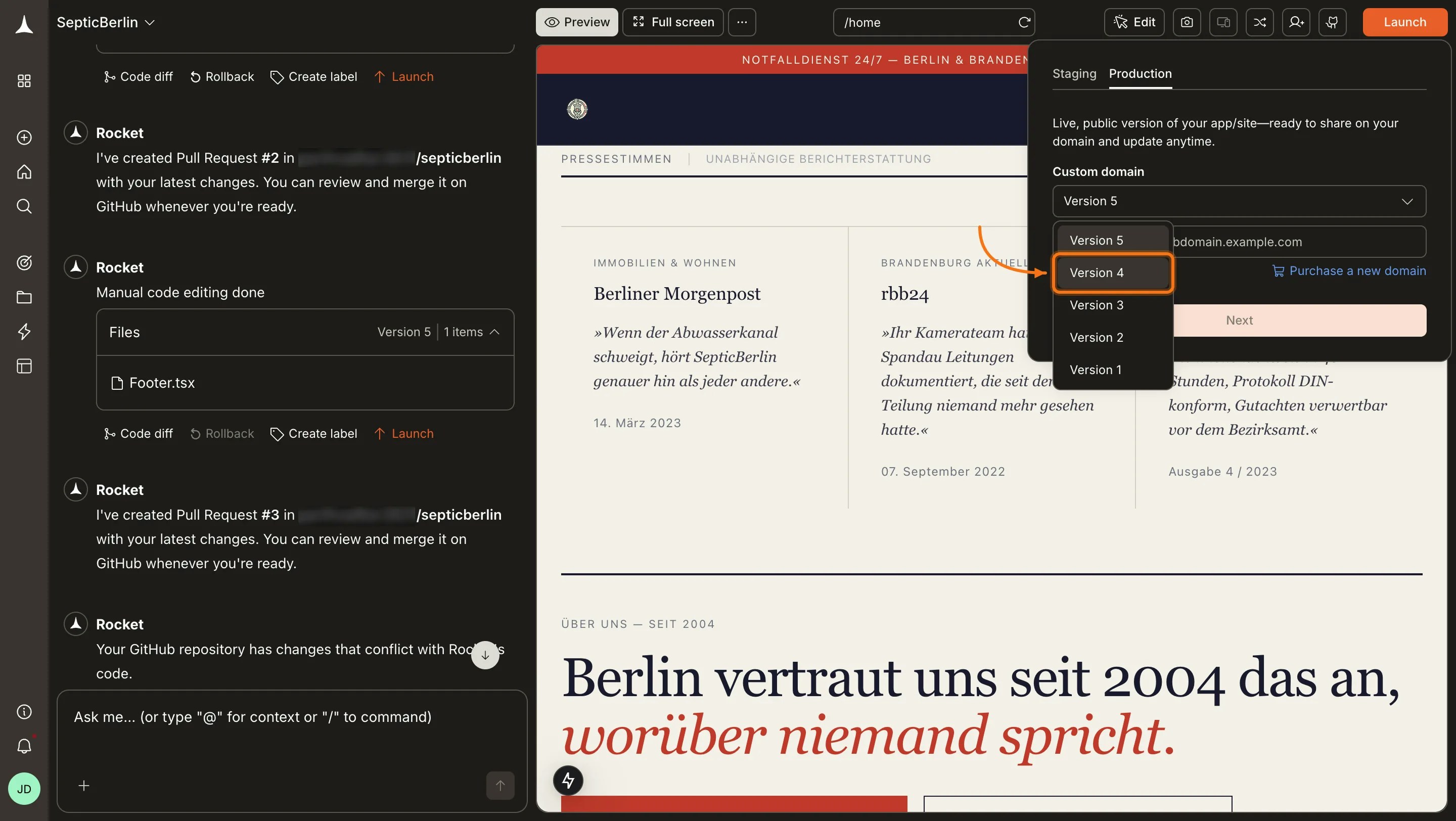 Version dropdown open in the Launch panel showing available versions.