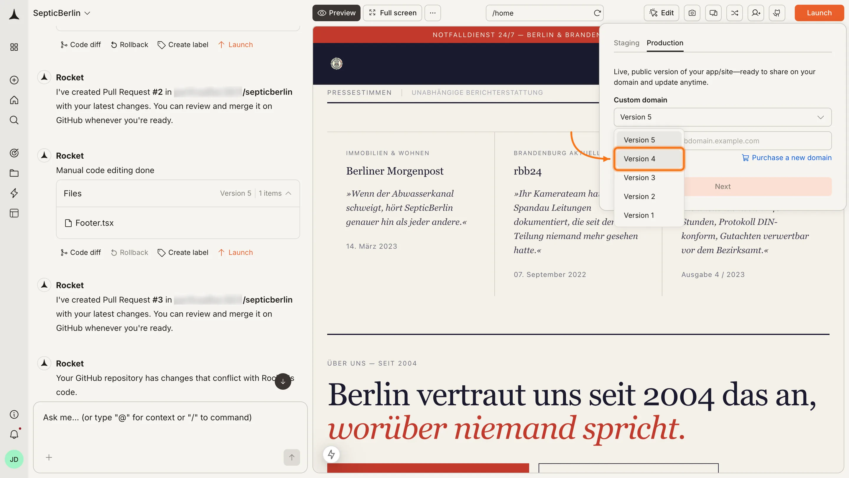 Version dropdown open in the Launch panel showing available versions.
