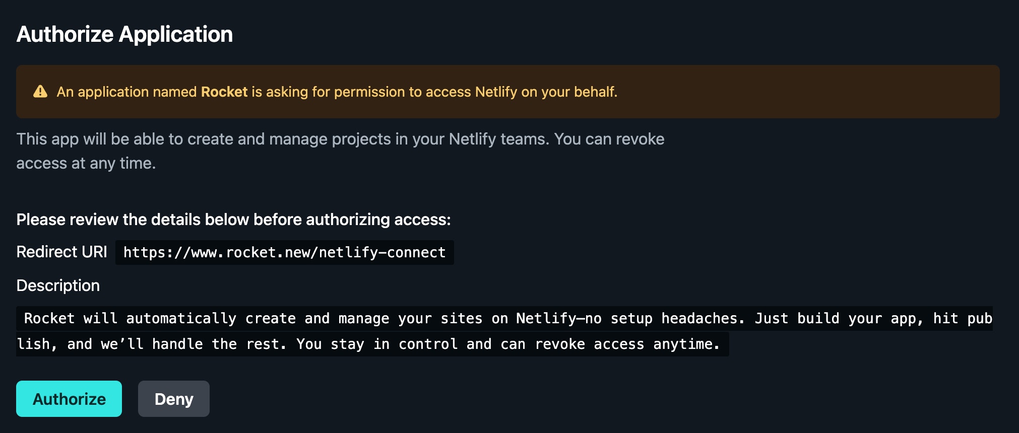 Netlify OAuth permissions page showing access details