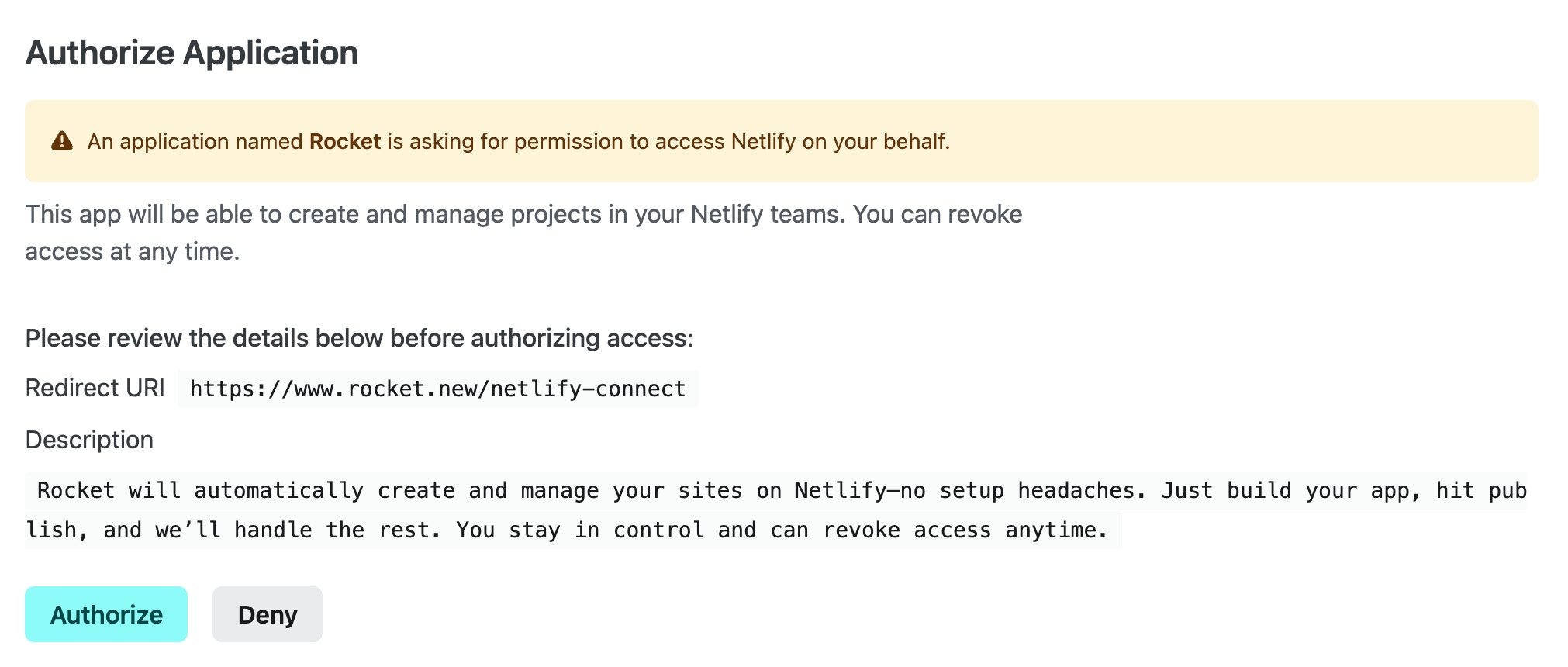 Netlify OAuth permissions page showing access details