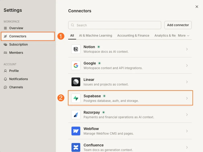 Settings Connectors tab with Connectors selected in the sidebar and the Supabase row highlighted.