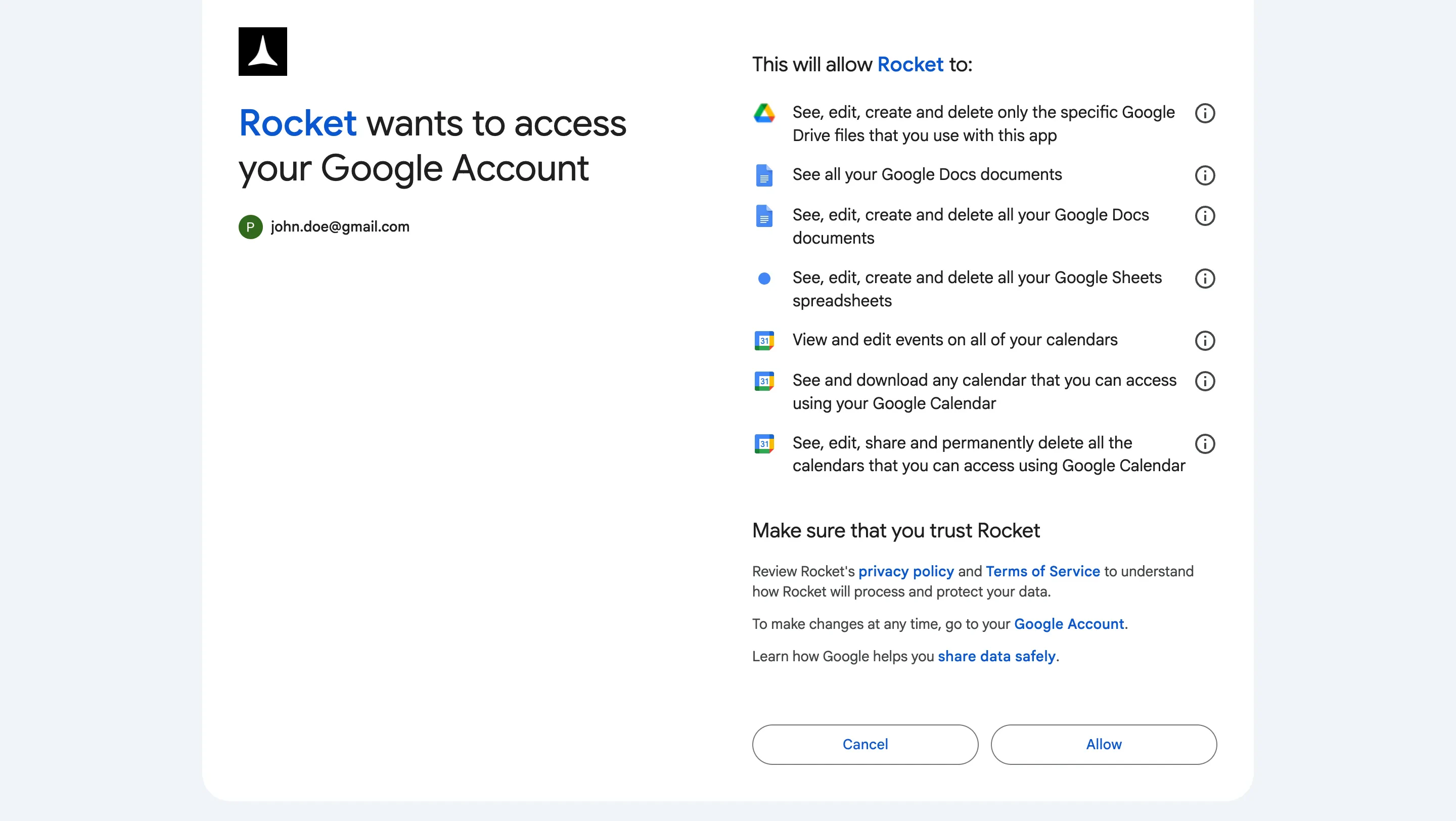 Google OAuth authorization screen asking to allow Rocket access to your Google Workspace.