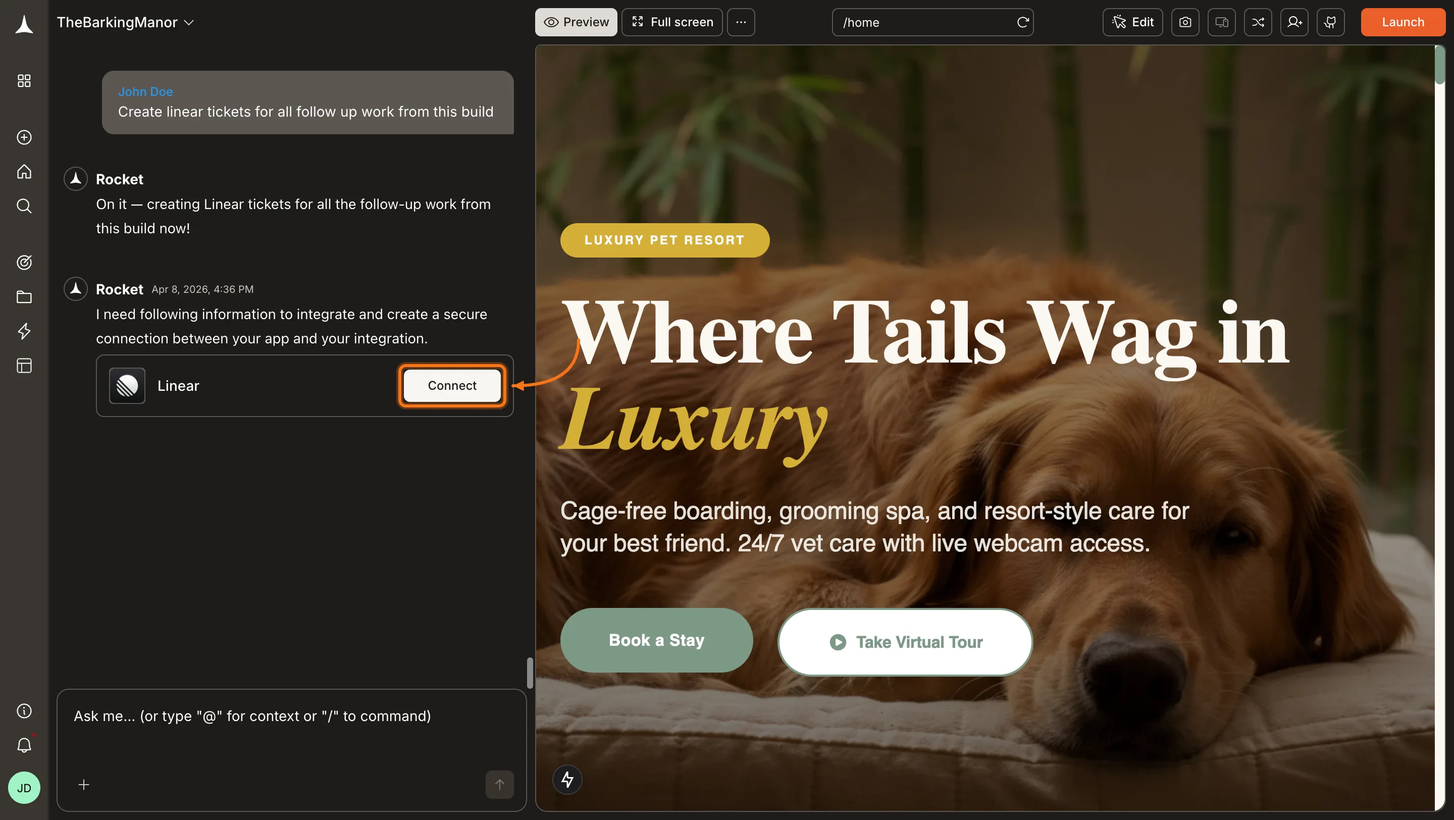 Rocket chat panel showing a Connect prompt for Linear.