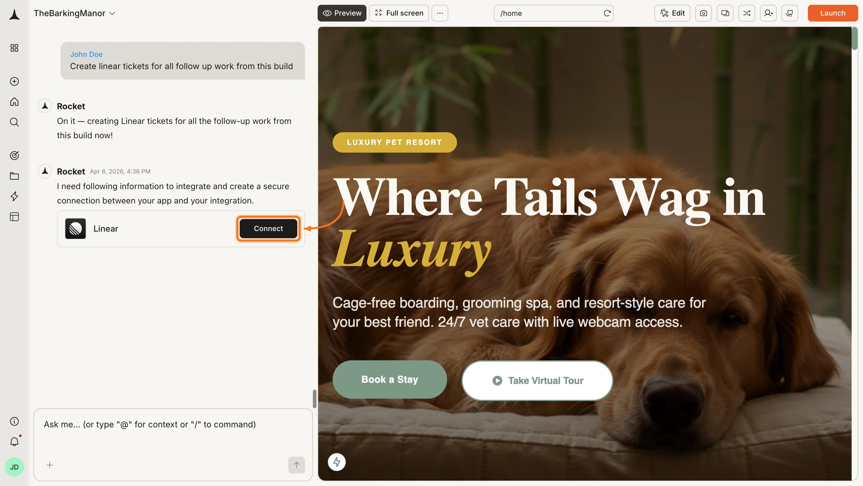 Rocket chat panel showing a Connect prompt for Linear.