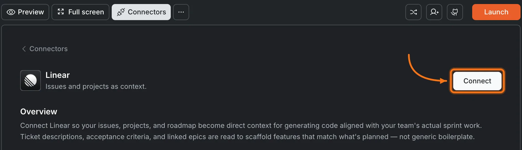 Connectors panel showing the Linear card with a Connect button.