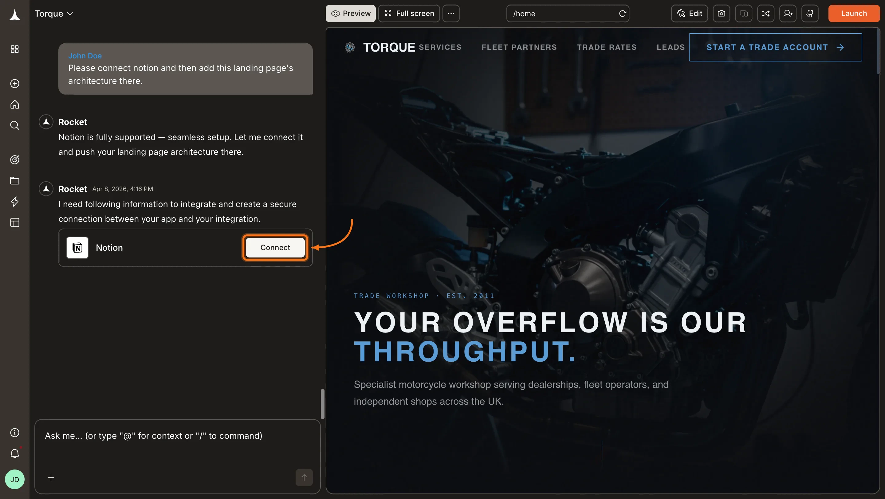 Chat showing a Connect button inline after a Notion prompt.