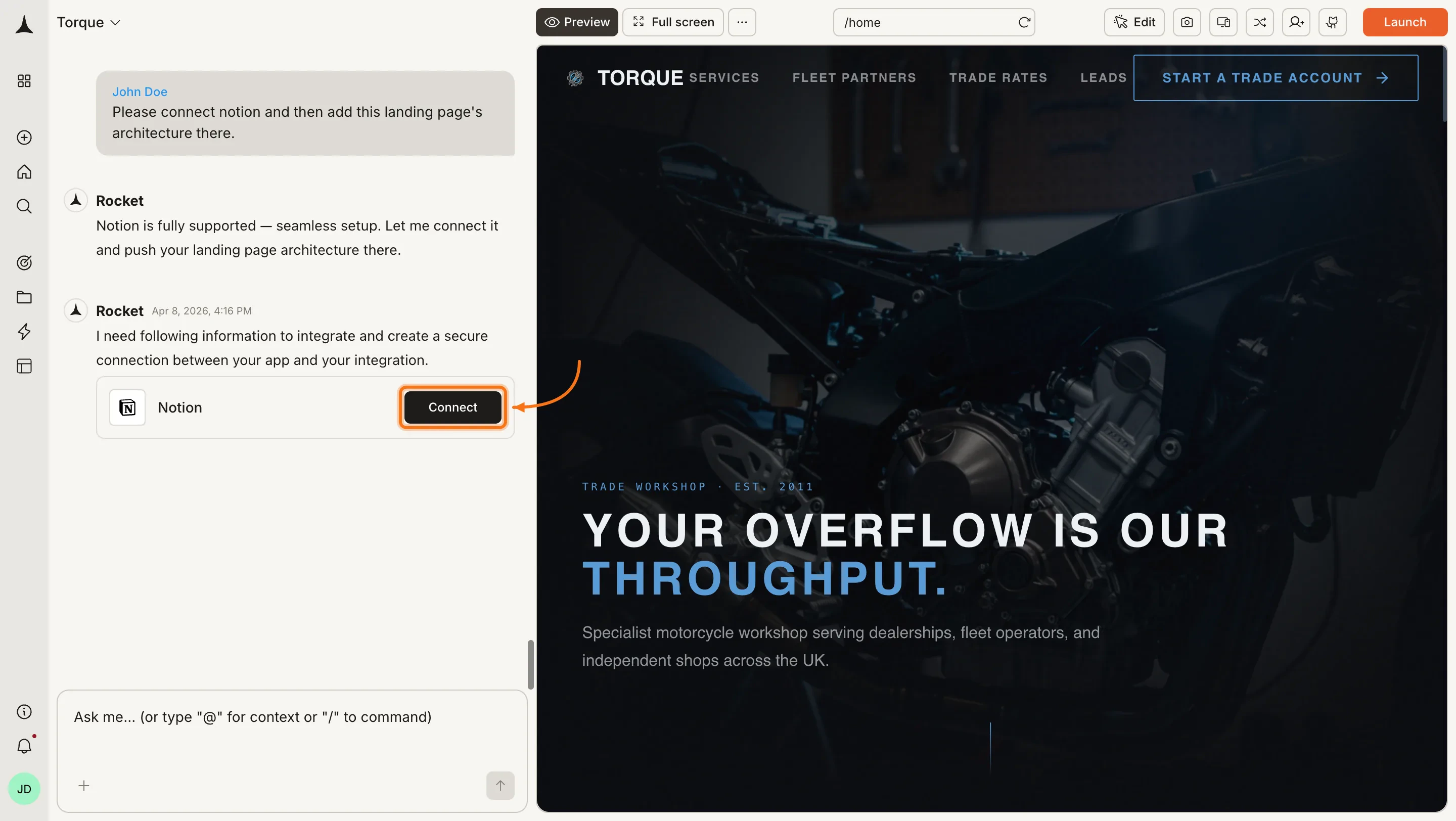 Chat showing a Connect button inline after a Notion prompt.
