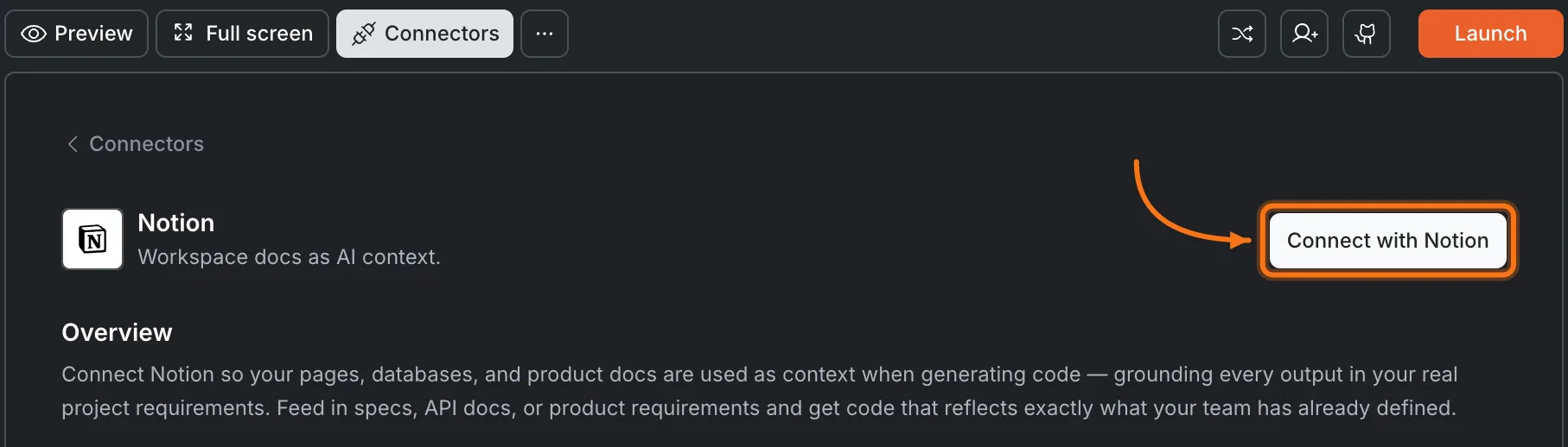 Connectors panel showing the Notion card with a Connect with Notion button.