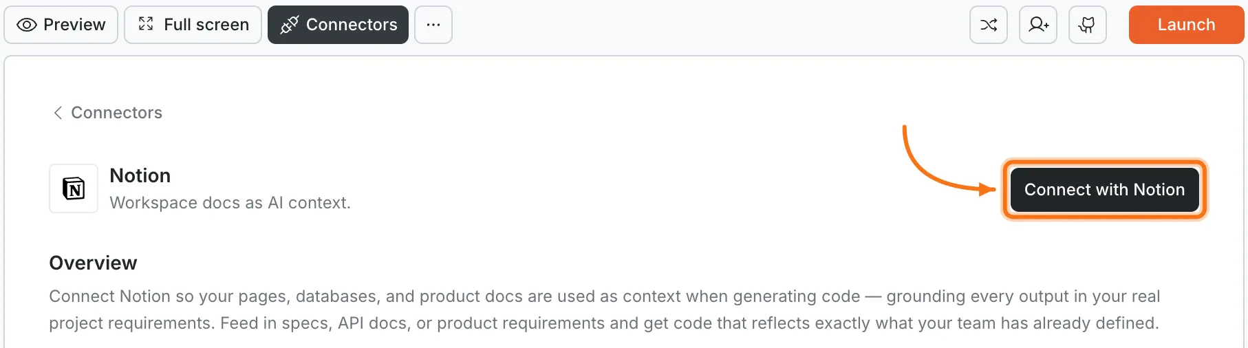 Connectors panel showing the Notion card with a Connect with Notion button.