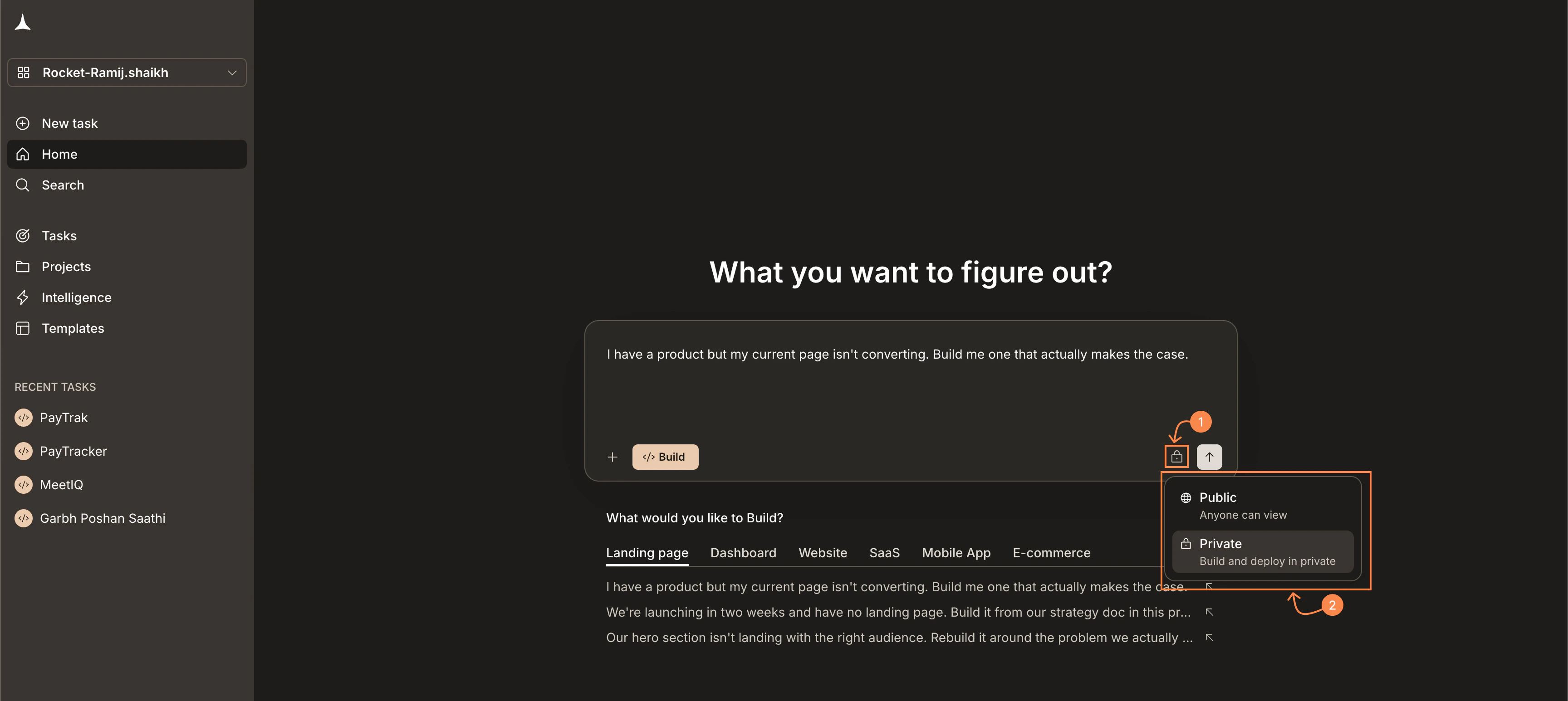 Home screen input with the visibility dropdown open, showing Public and Private options with descriptions.