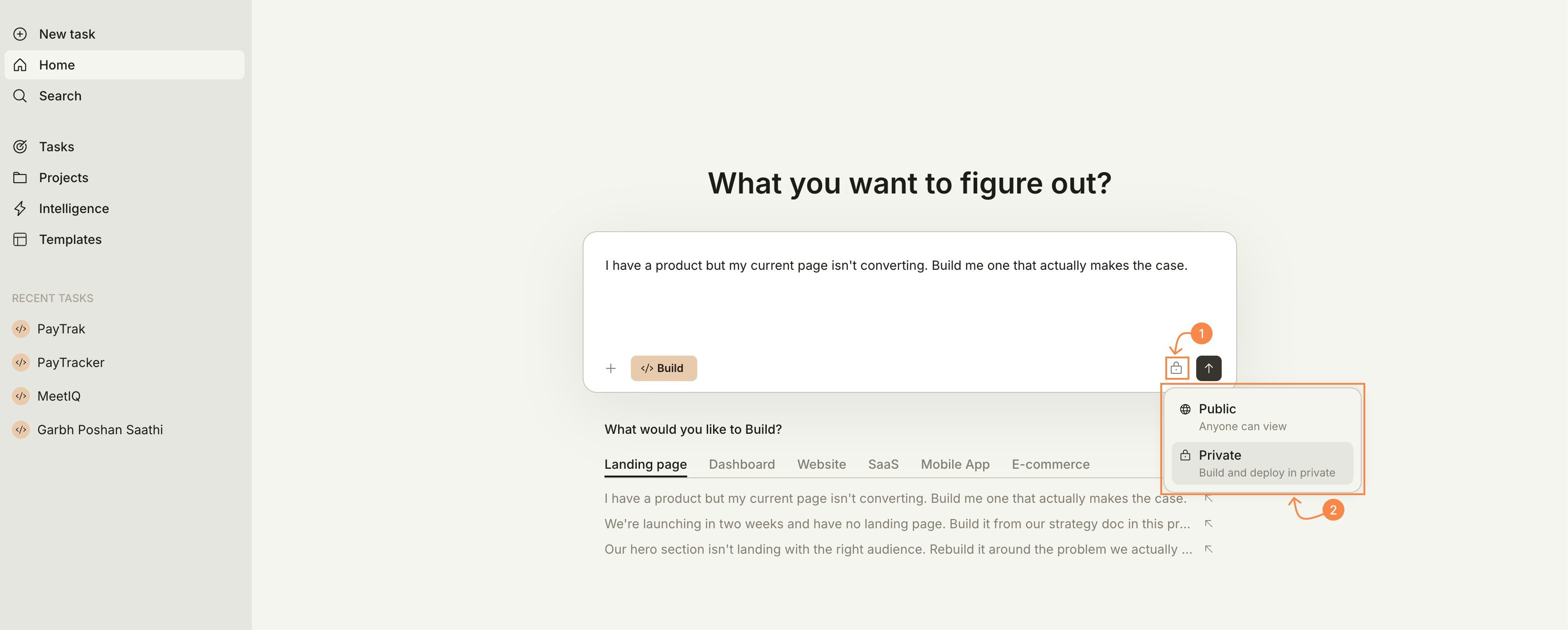 Home screen input with the visibility dropdown open, showing Public and Private options with descriptions.