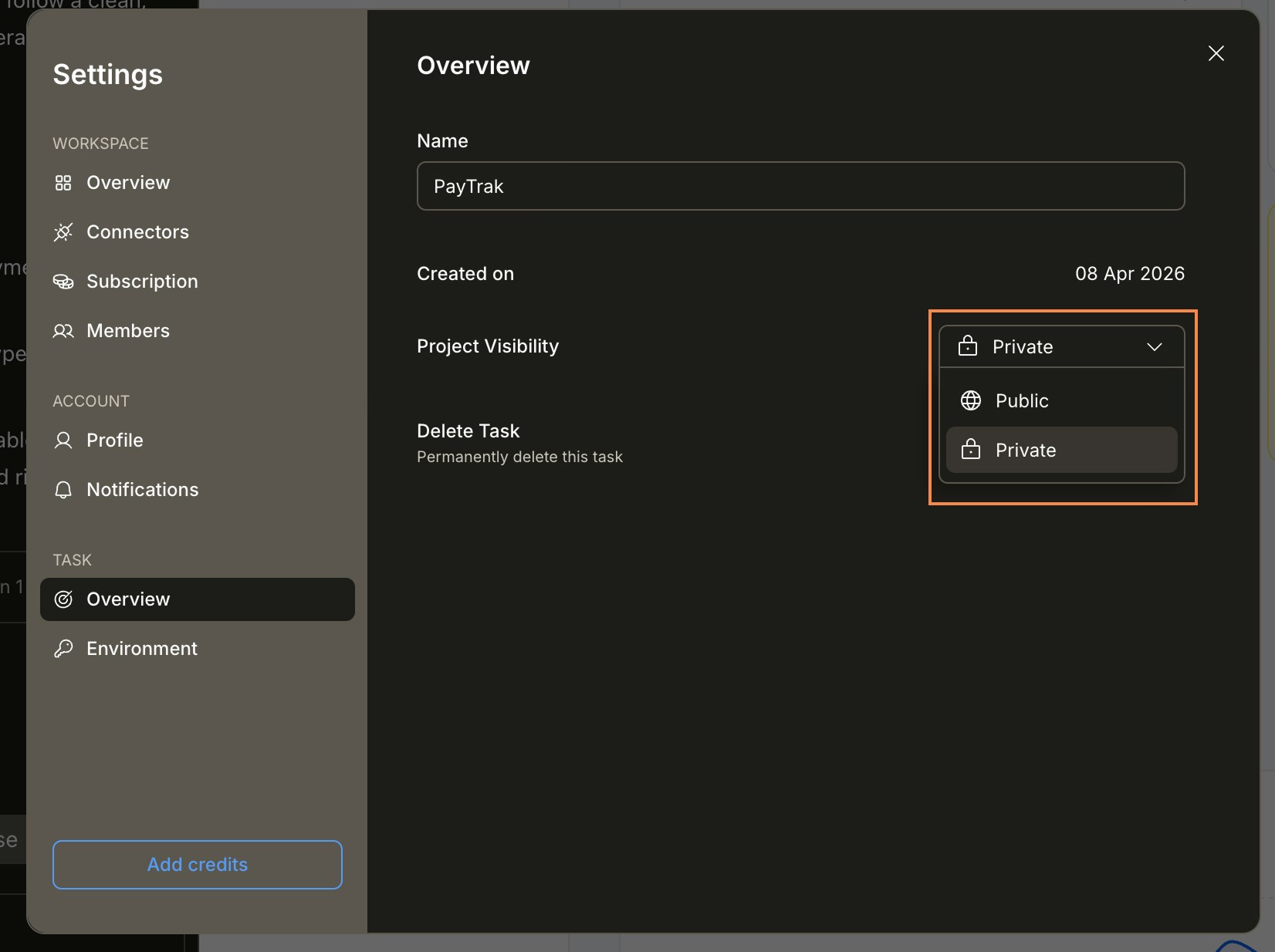 Task Settings Overview panel with the Task Visibility dropdown open, showing Public and Private options.