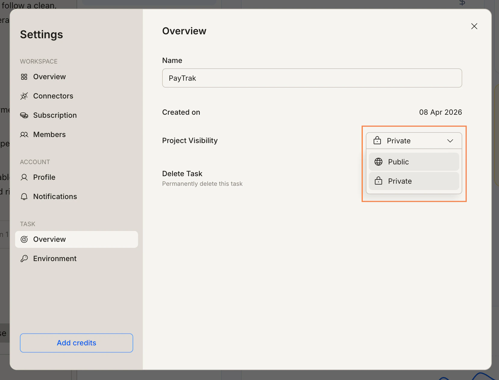 Task Settings Overview panel with the Task Visibility dropdown open, showing Public and Private options.