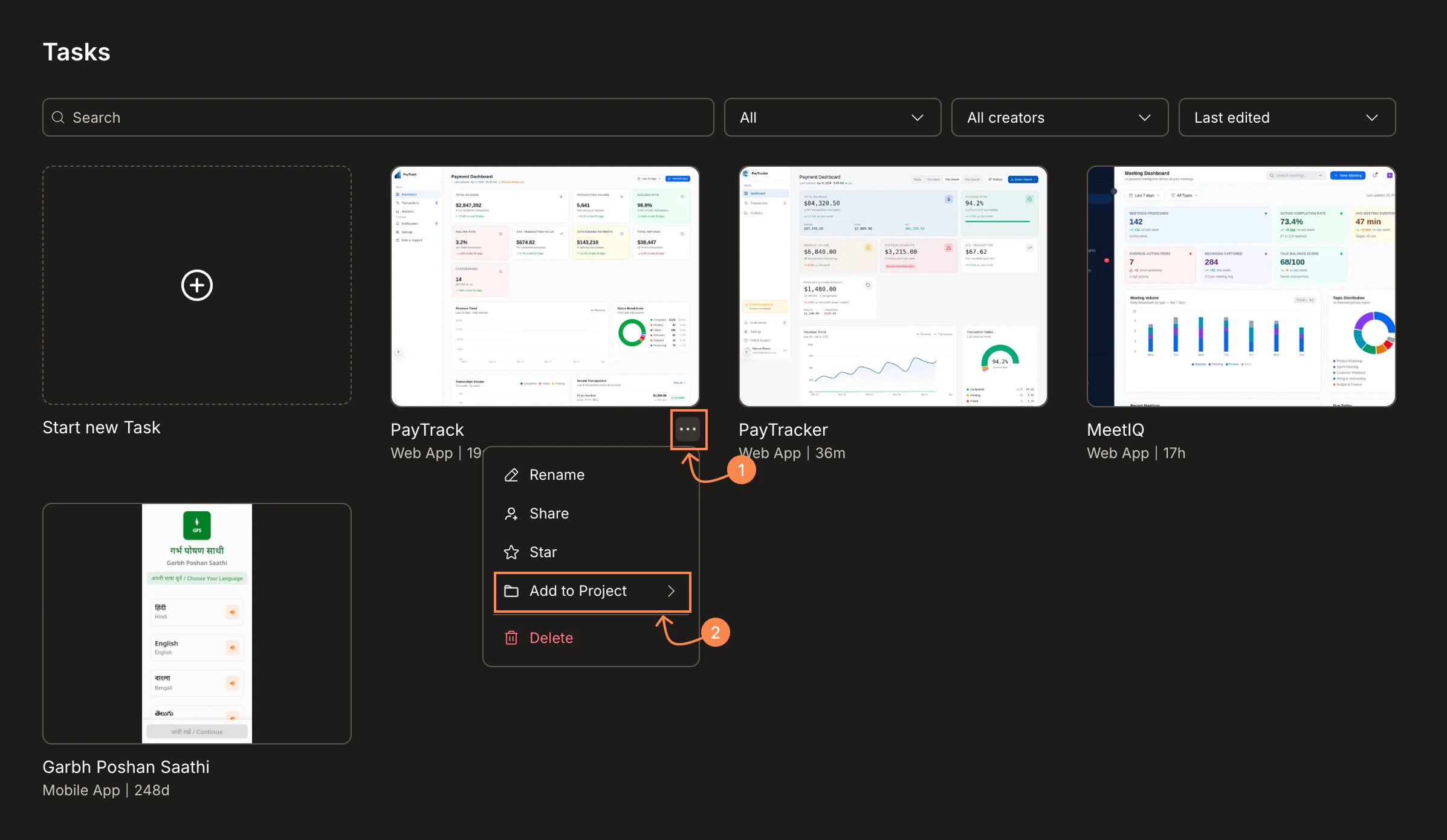 Tasks page with the ... menu open, showing Add to Project highlighted.