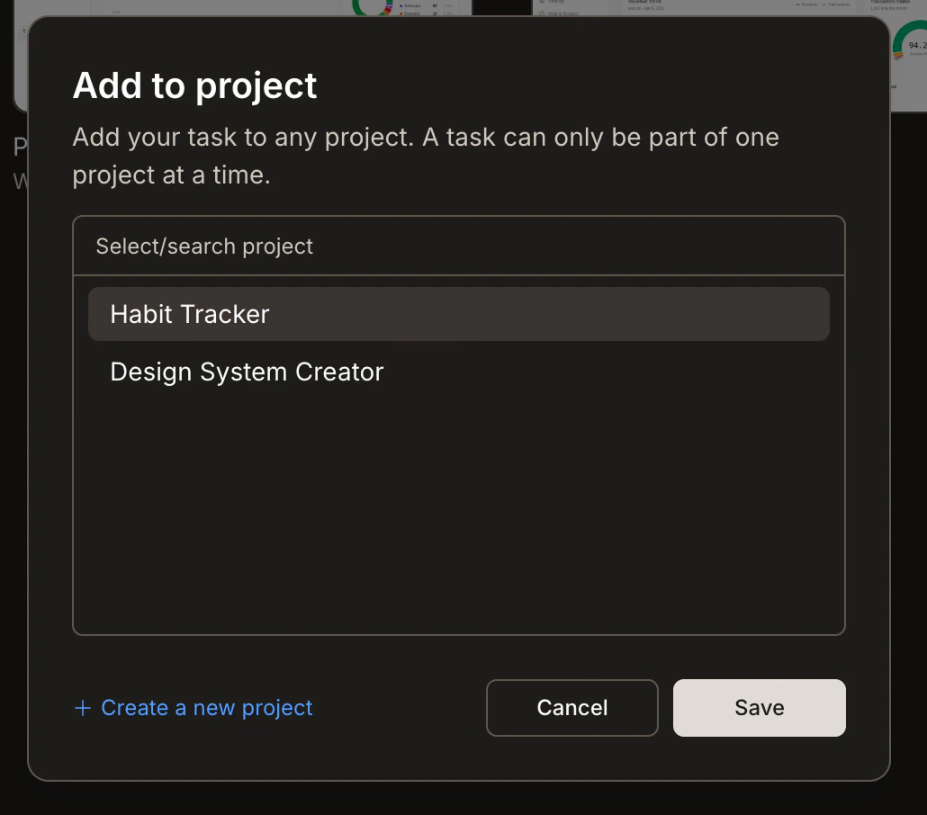 Add to project popup showing a list of existing projects with a Save button.