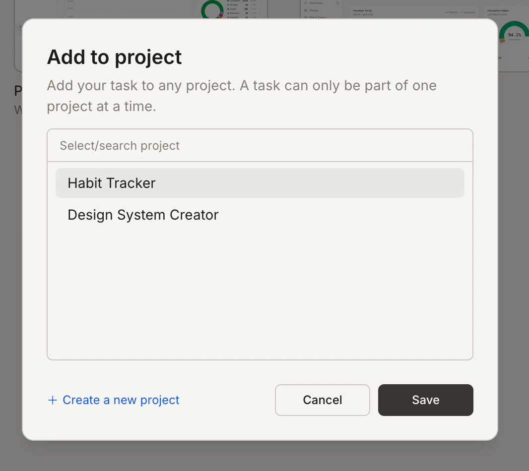 Add to project popup showing a list of existing projects with a Save button.