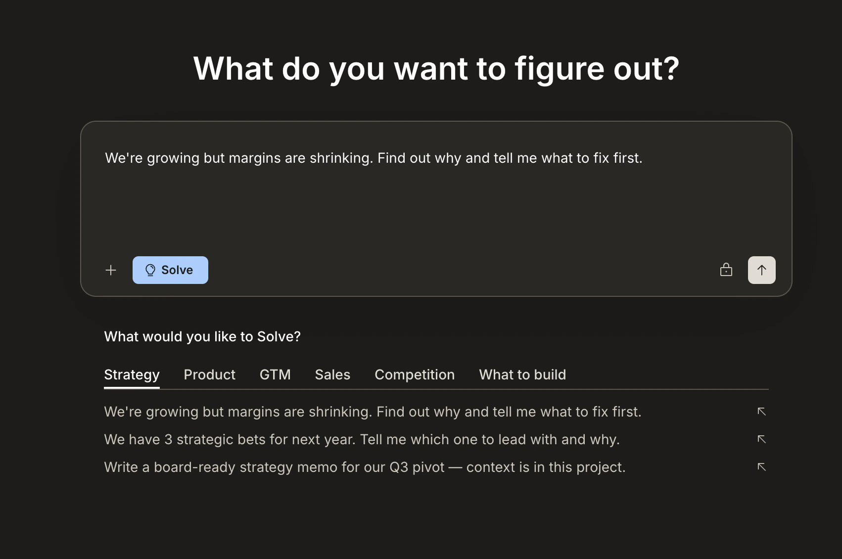 Home screen with a prompt typed in, showing the Solve button selected and task suggestions below.