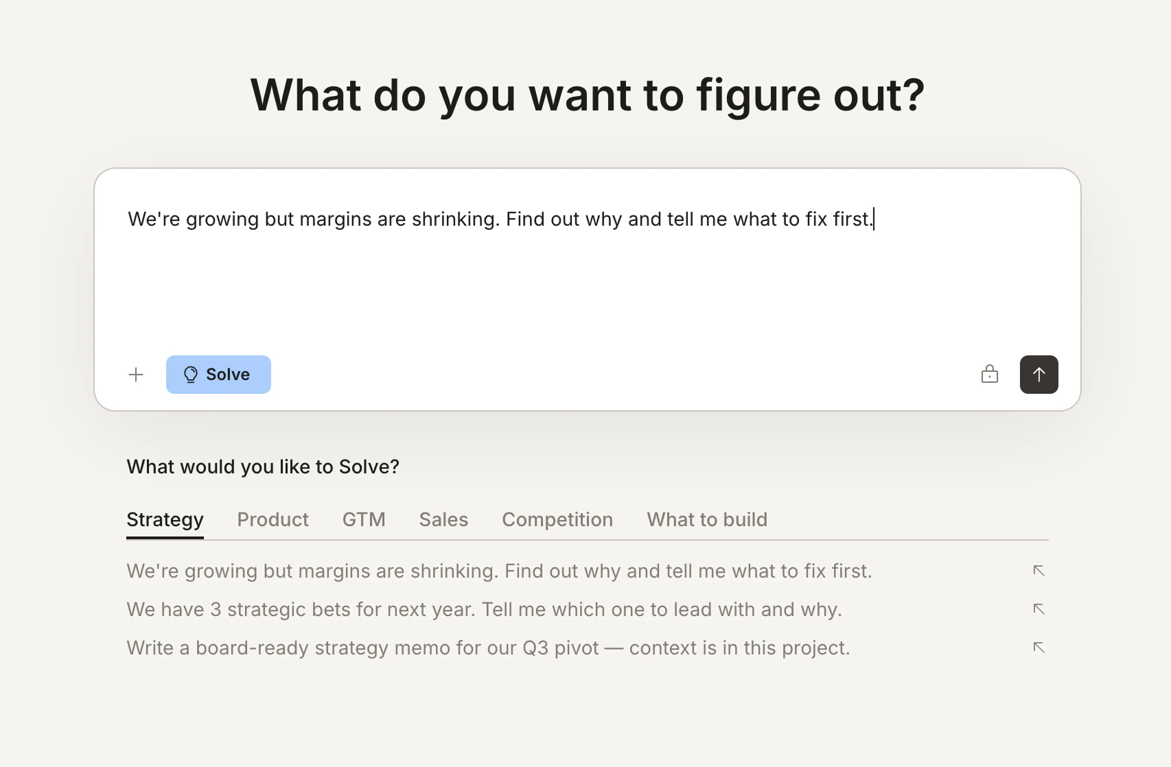 Home screen with a prompt typed in, showing the Solve button selected and task suggestions below.
