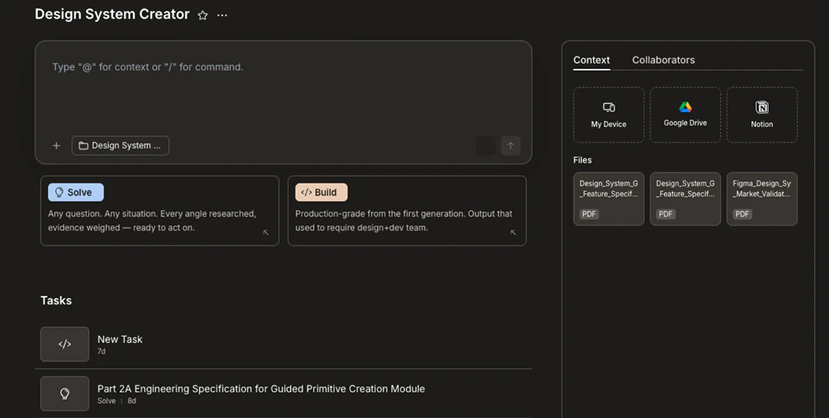 Project view showing the input with Solve and Build cards, and existing tasks listed below.