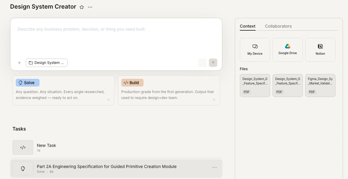 Project view showing the input with Solve and Build cards, and existing tasks listed below.