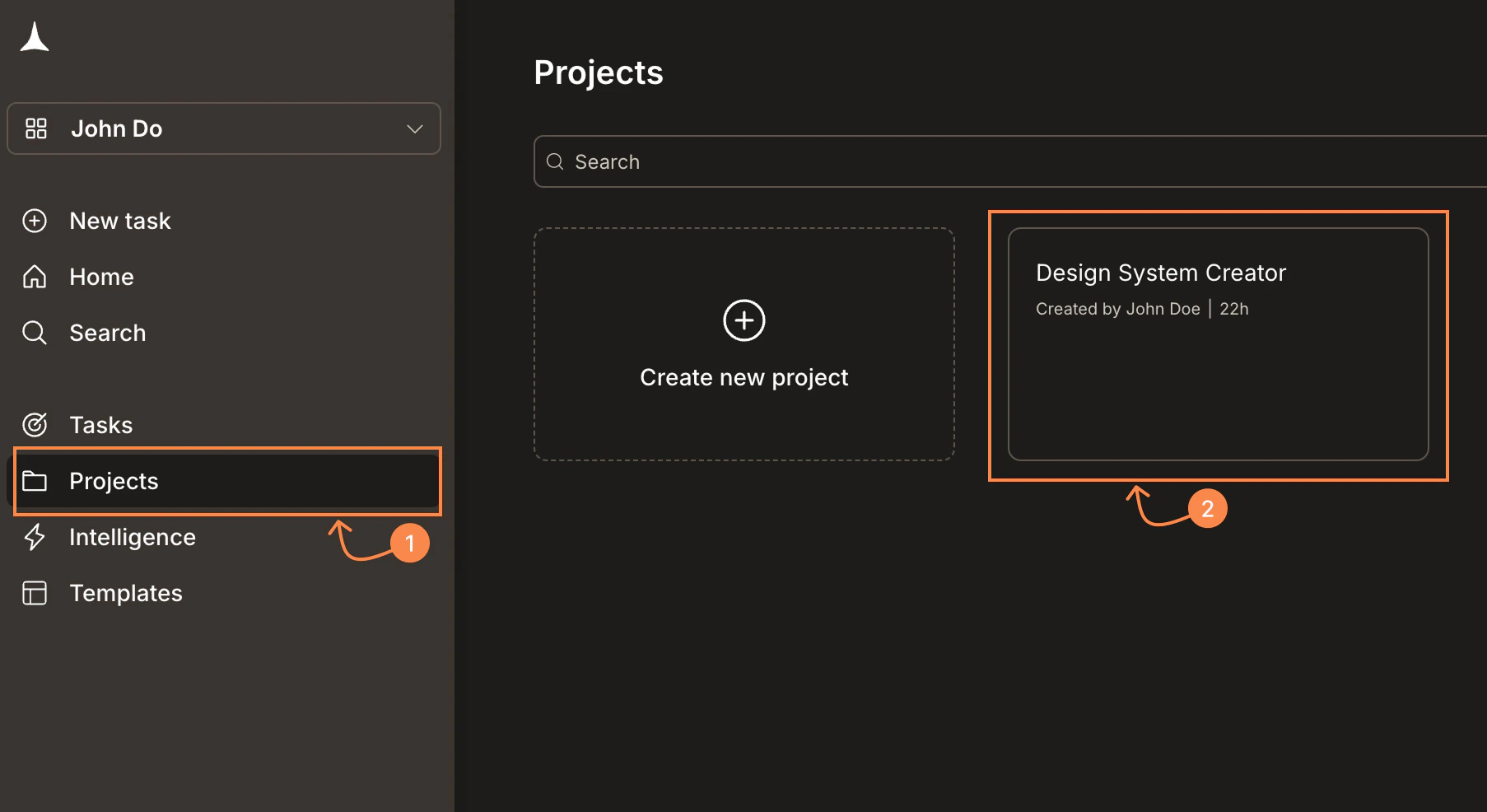 Projects page with a project card highlighted.