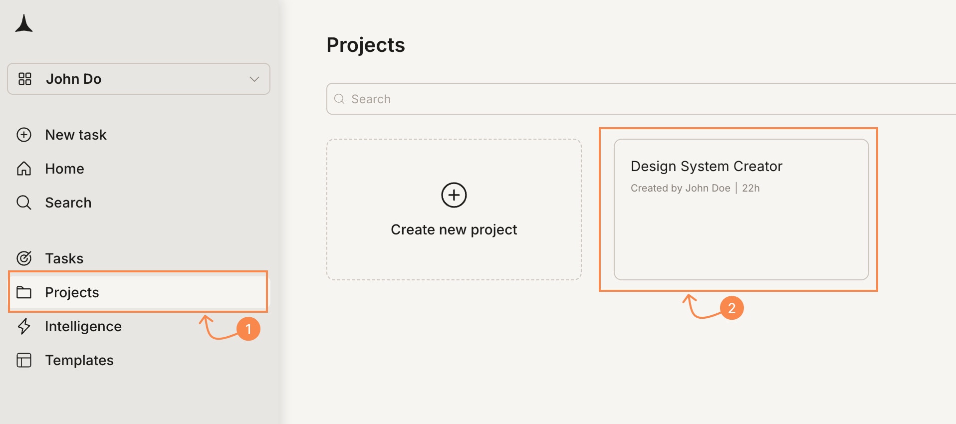 Projects page with a project card highlighted.