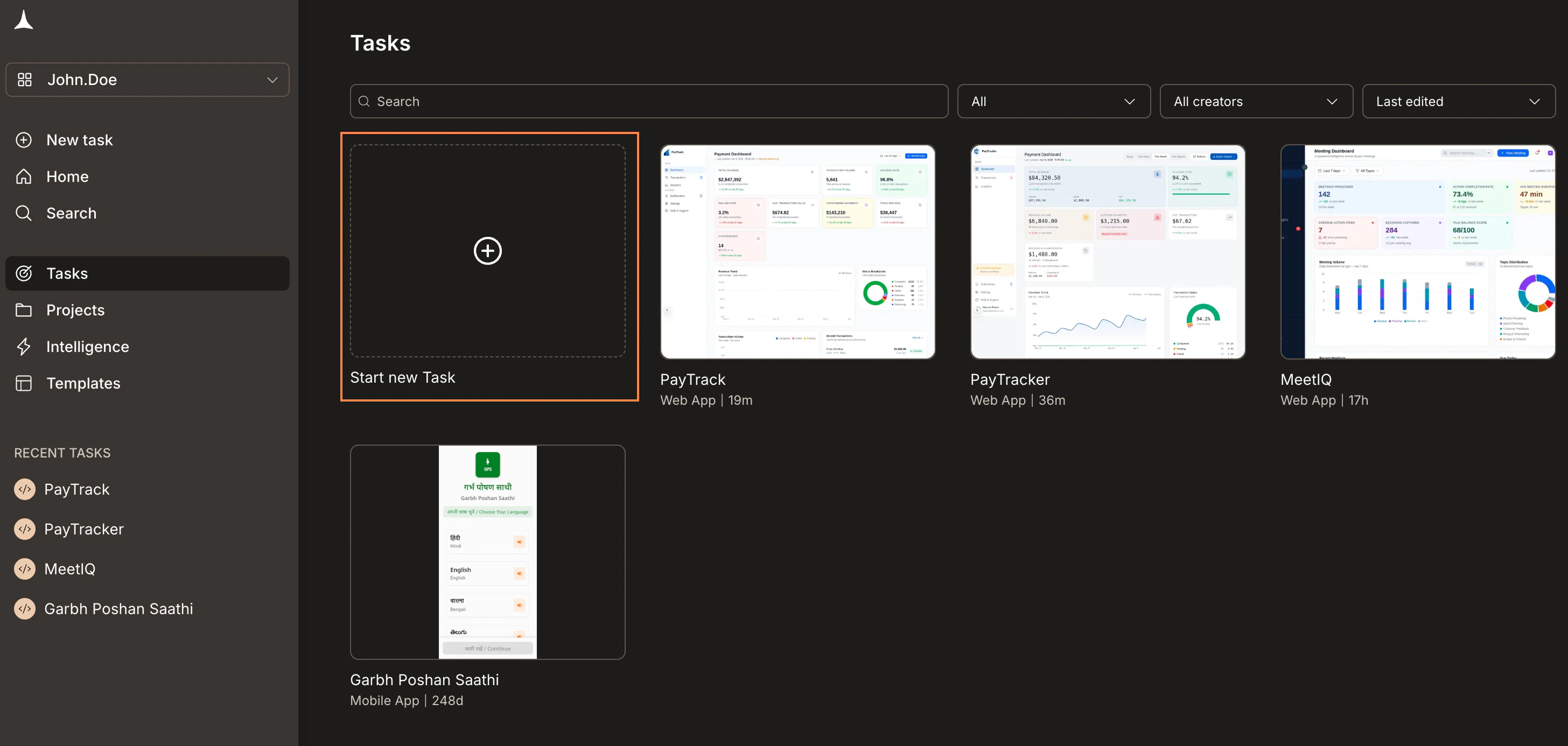 Tasks page with Start new Task card highlighted.