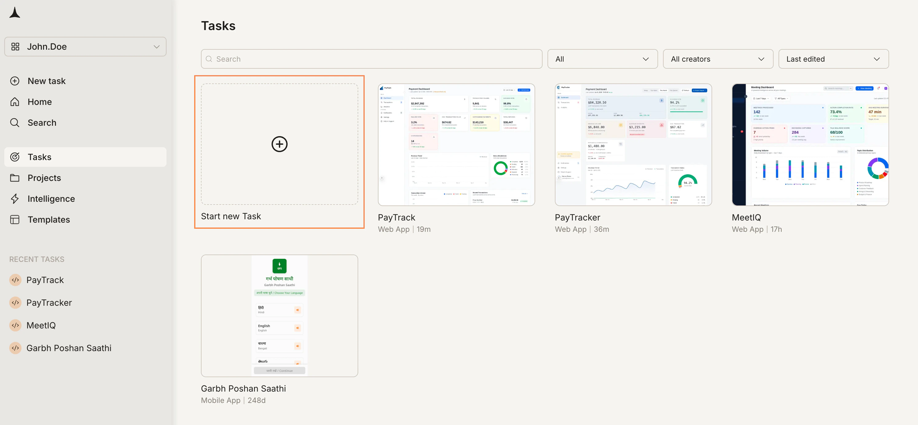 Tasks page with Start new Task card highlighted.