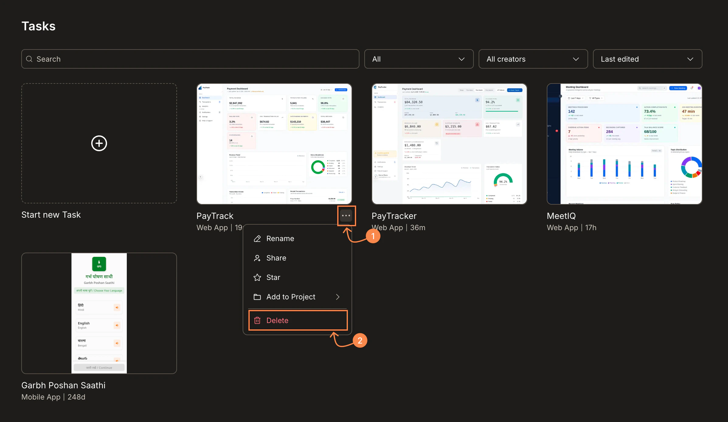 Tasks page with the ... menu open on a task, showing Delete highlighted.