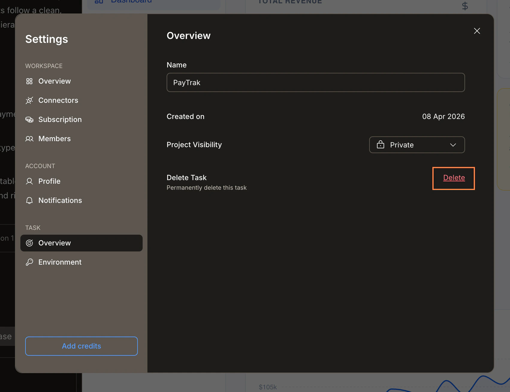 Task Settings Overview panel with Delete Task and the Delete button highlighted.
