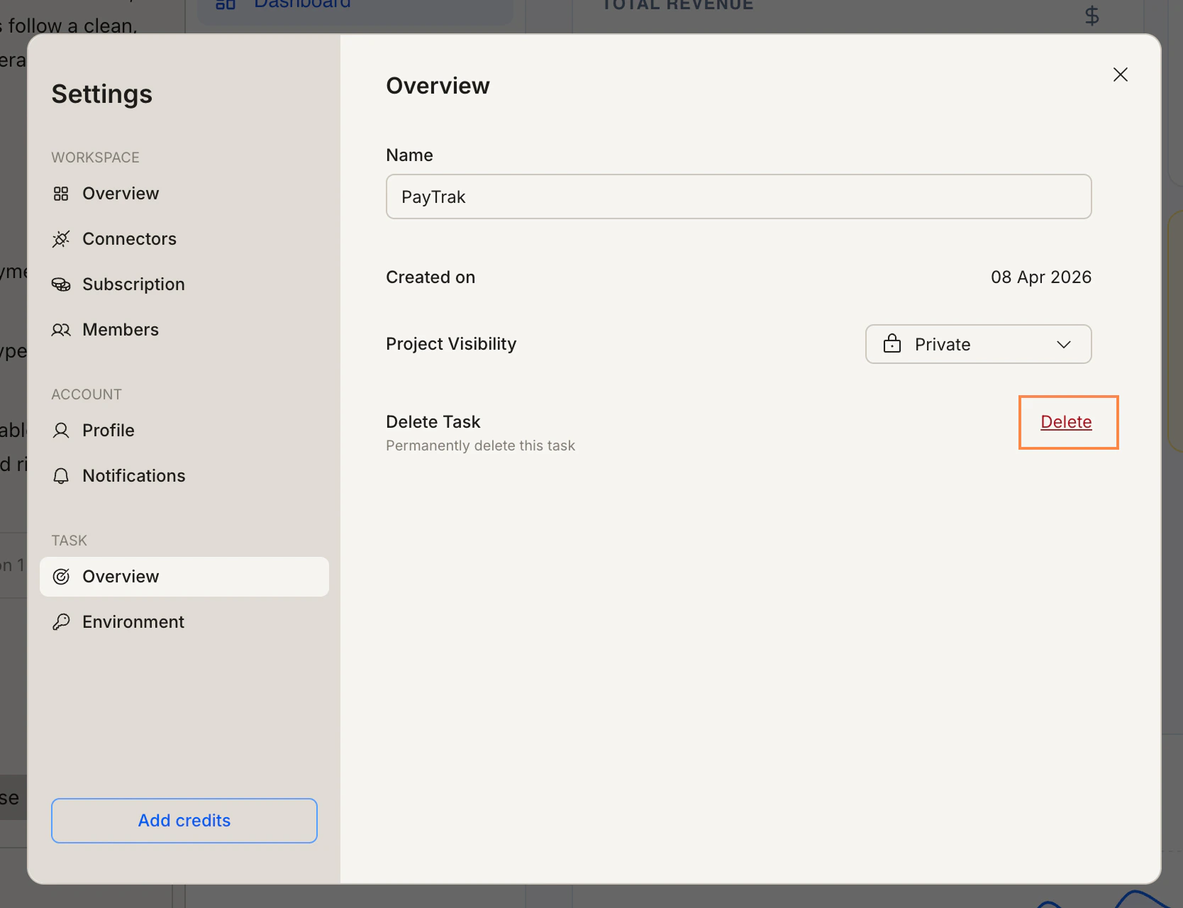 Task Settings Overview panel with Delete Task and the Delete button highlighted.