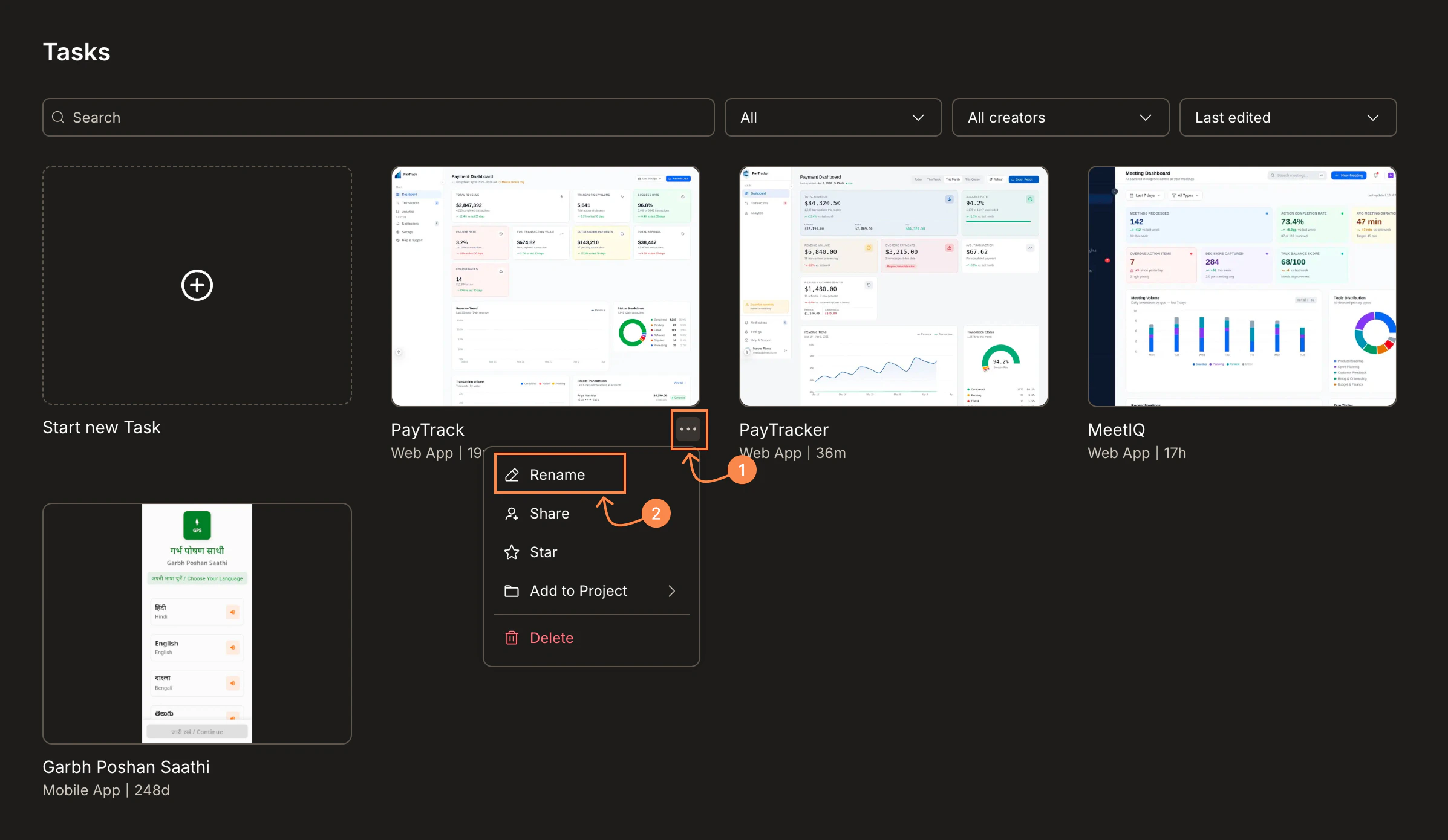 Tasks page with the ... menu open on a task, showing Rename highlighted.